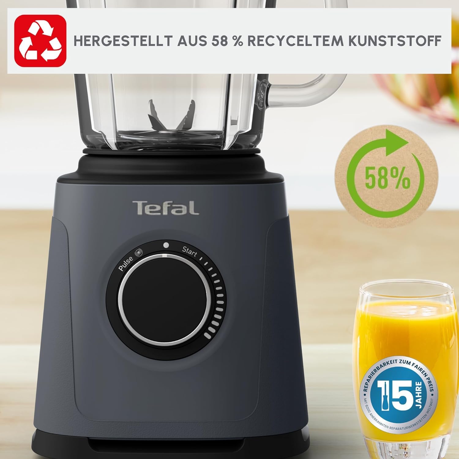 Tefal PerfectMix Essential Hochgeschwindigkeits-Standmixer, stufenlos einstellbare Geschwindigkeit, Pulsfunktion, abnehmbare Powelix-Klingen, hitzebeständiger 2 l Glasbehälter, 1200 W, Grau, BL771BF0