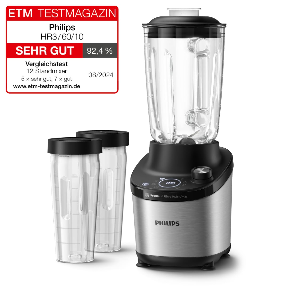 Philips 7000 Series Hochleistungsstandmixer – ProBlend Ultra Technologie, 1.500 W, 2-L-Glasbehälter, Schnellauswahlprogramme für Smoothies & Suppen, HomeID App, Spülmaschinenfeste Teile (HR3760/10)