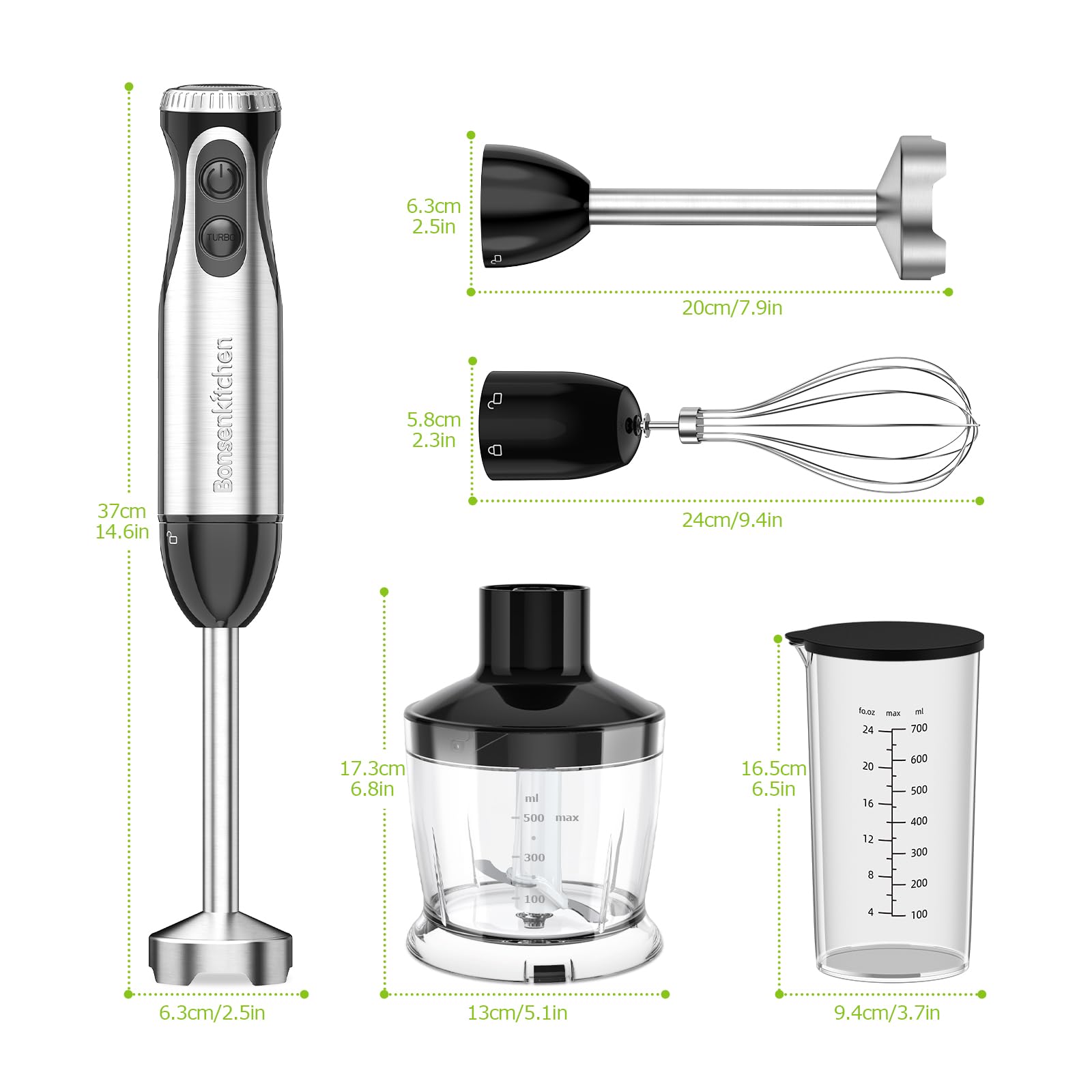 Bonsenkitchen Pürierstab, 4-en-1 Stabmixer Elektrischer, 1000W Stufenlos Geschwindigkeiten, Edelstahl, Schneebesen, 500ml Häcksler und 700ml Messbecher für Babynahrung, HB3203 (Schwarz)