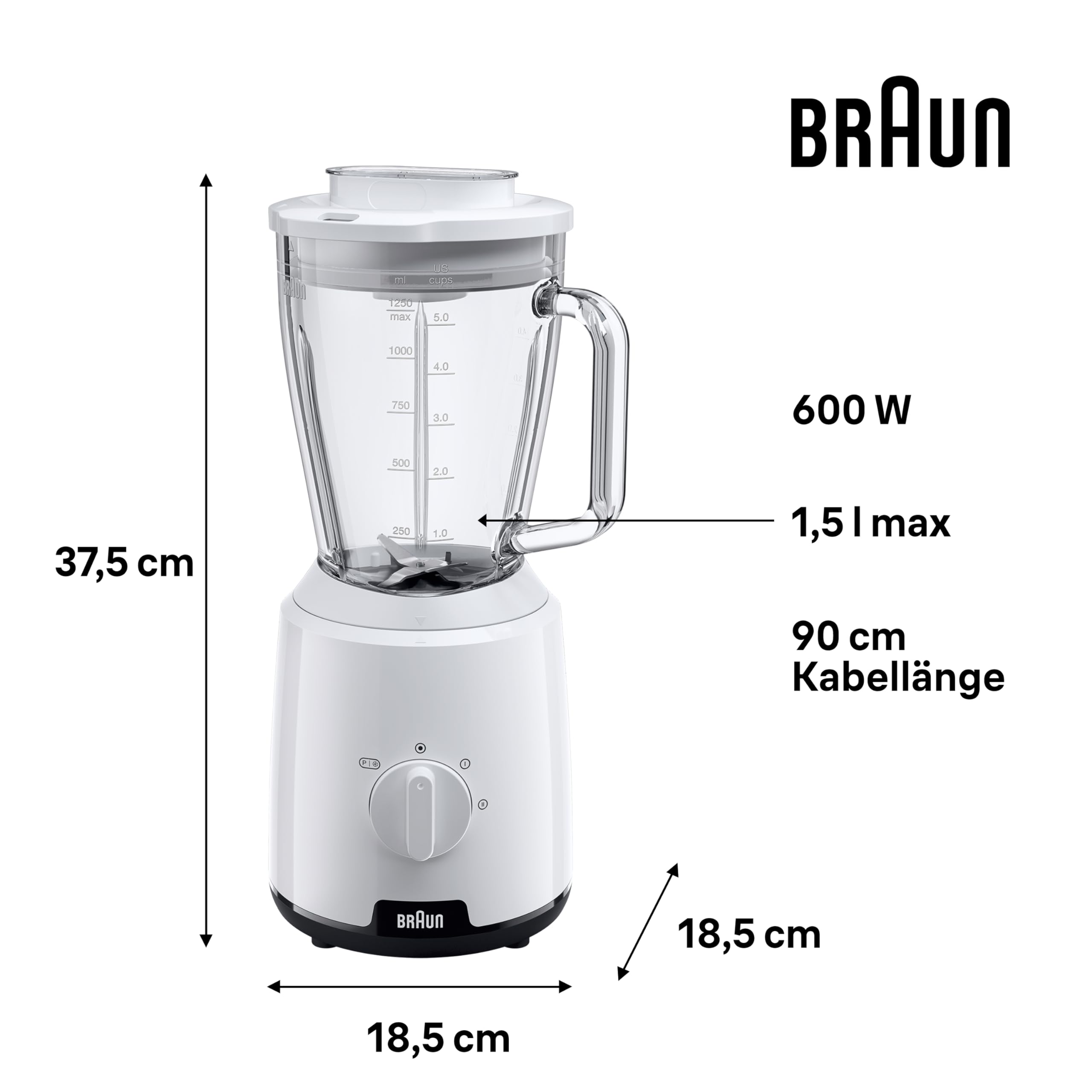 Braun PowerBlend 1 JB1050WH - Standmixer mit 1,5 l Glas-Mixaufsatz, Küchenhelfer zum Zerkleinern, Pürieren & Mixen, Ice-Crush-Funktion, 2 Geschwindigkeiten, 600 Watt, Weiß