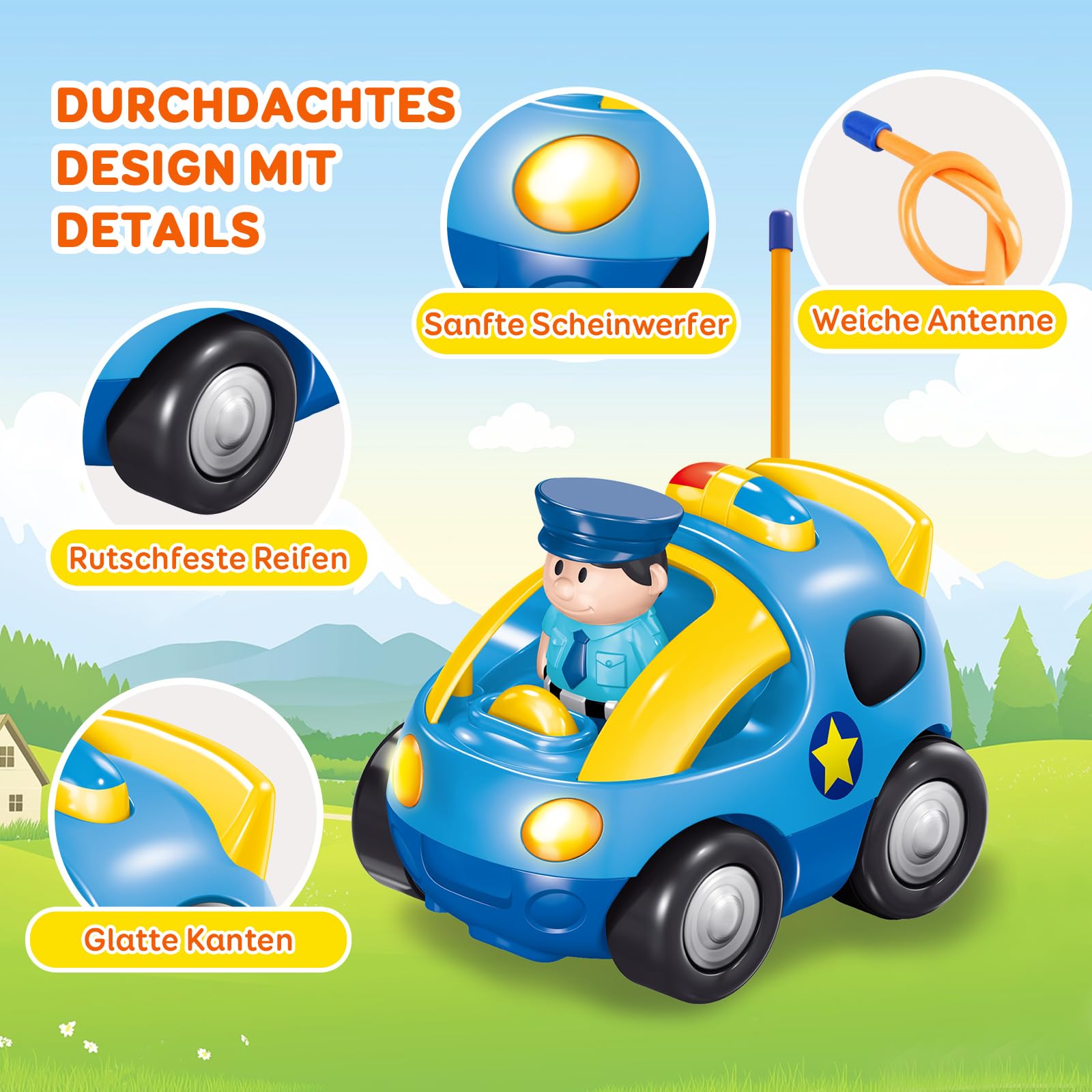 Pup Go Cartoon Polizei RC Auto für Kinder 1–3 Jahre, ferngesteuert mit Musik & Licht, einfach zu bedienen, Spielzeug Geschenk für Jungen & Kleinkinder