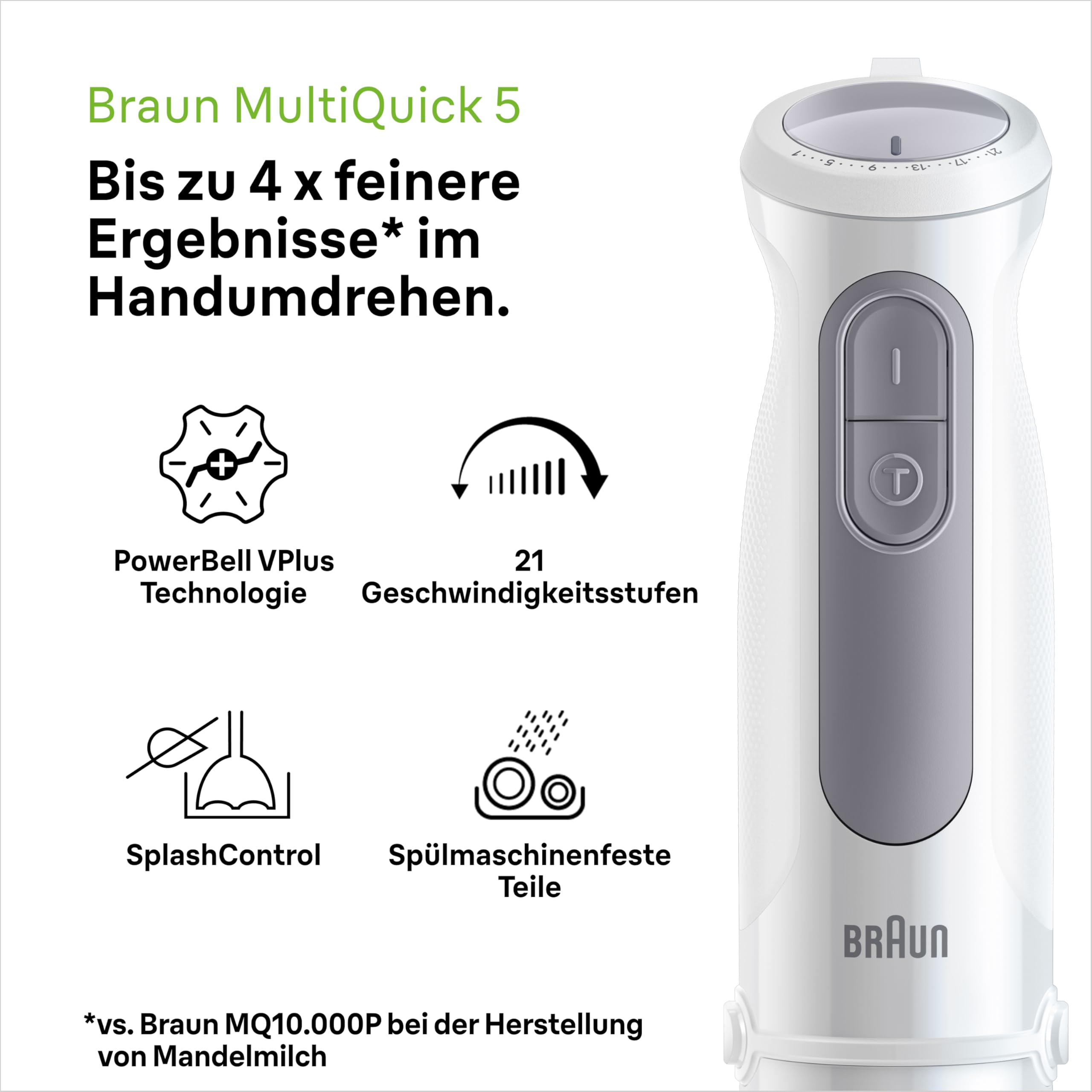 Braun Stabmixer MultiQuick 5 MQ 50236 M - Elektrischer Stabmixer mit 21 Geschwindigkeitsstufen + Turbo, Edelstahl Pürierfuß, Easy Click System, SplashControl, 3-teiliges Zubehör-Set, 1000 Watt, Weiß
