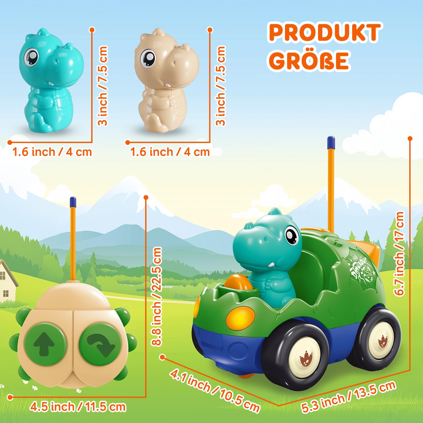 Pup Go Dinosaurier RC Auto für Kinder 1–3 Jahre, ferngesteuert mit Musik & Licht, inkl. 2 Figuren, erstes RC Spielzeug für Kleinkinder, Geschenkidee