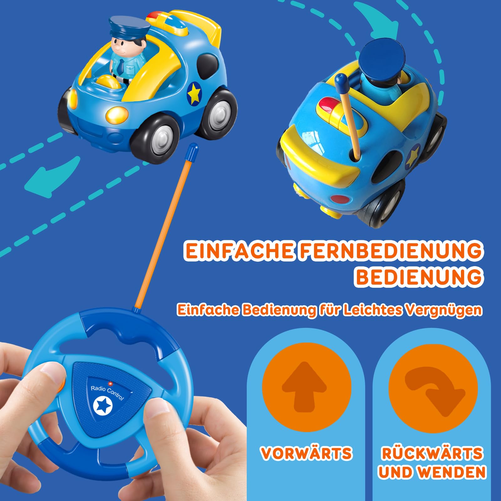Pup Go Cartoon Polizei RC Auto für Kinder 1–3 Jahre, ferngesteuert mit Musik & Licht, einfach zu bedienen, Spielzeug Geschenk für Jungen & Kleinkinder