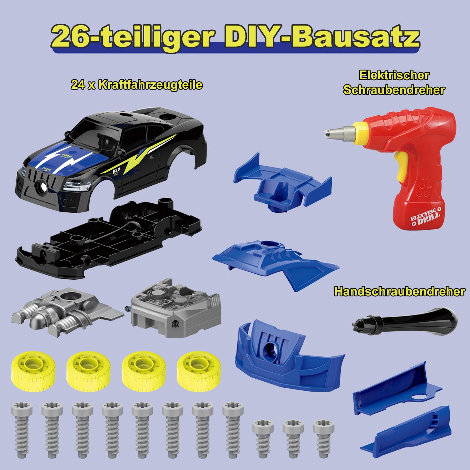 Pup Go Bau Auto zum Auseinandernehmen, Spielzeug für Kinder ab 3 Jahren, 26-teilig mit elektrischer Bohrmaschine, Lernspielzeug, Geschenk für Jungen