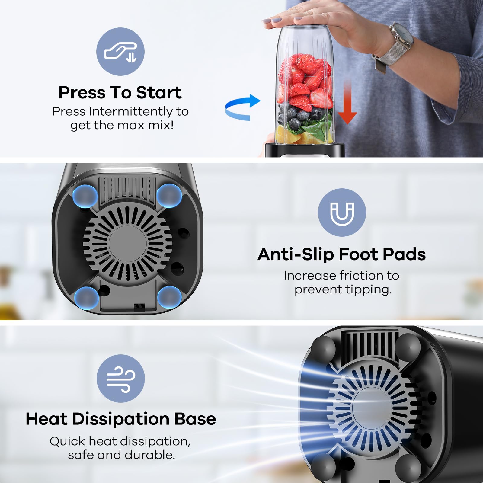 Ganiza Mixer, 900W Mini Smoothie Maker, Standmixer mit 3 Tragbare Mixbechern(2×500ml & 1×700ml), Vierklingenklinge aus Edelstahl, BPA-Frei, Leicht zu Reinigen, Blender elektrisch für Shake, Smoothie