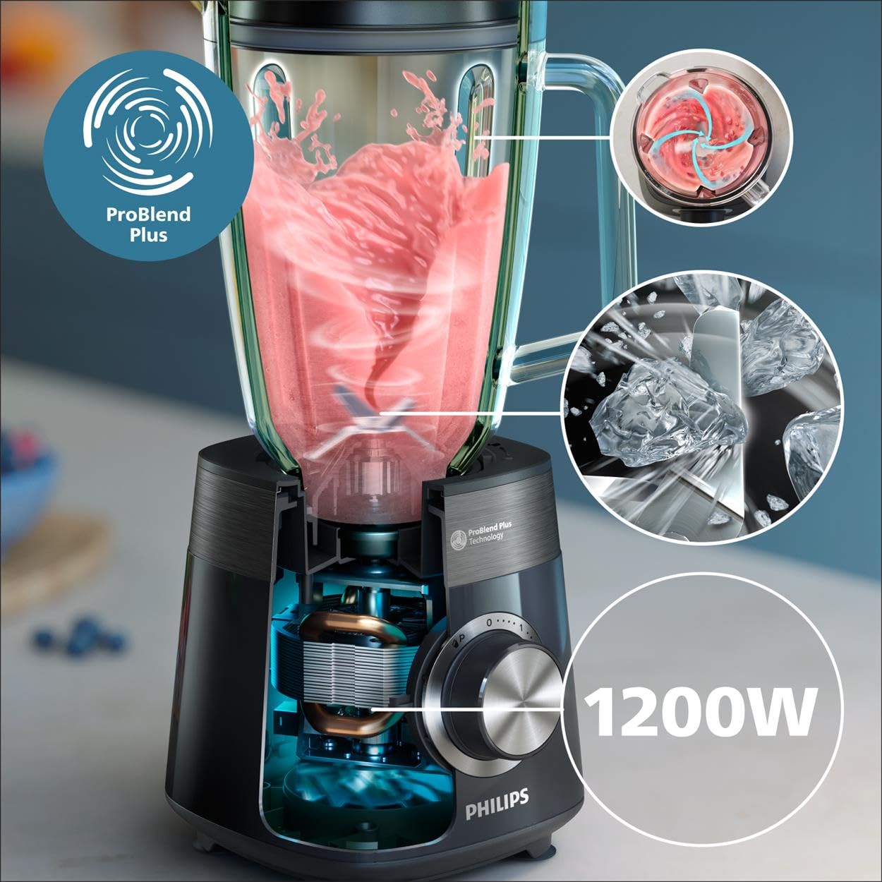 Philips 5000-Serie Standmixer inkl. Blend-and-go-Behälter - 1200 W. 2L maximales Fassungsvermögen. ProBlend Plus-Technologie. Spülmaschinengeeignete Teile. Schwarz (HR3031/00)