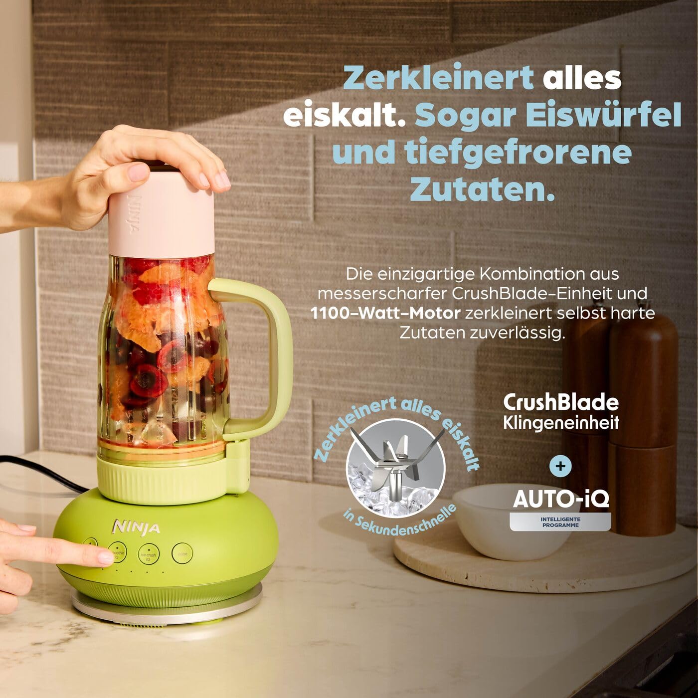 Ninja BlendBoss Mixer mit tragbarem Becher, Mixgerät mit abnehmbarem Reisebecher, 3 voreingestellte Auto-Modi, Stein DB351EUST