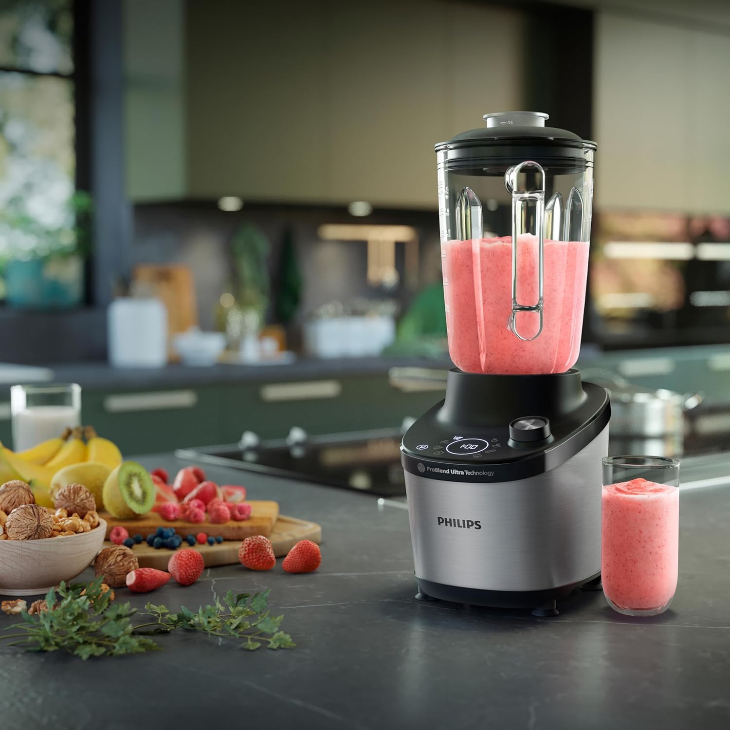 Philips 7000 Series Hochleistungsstandmixer – ProBlend Ultra Technologie, 1.500 W, 2-L-Glasbehälter, Schnellauswahlprogramme für Smoothies & Suppen, HomeID App, Spülmaschinenfeste Teile (HR3760/10)