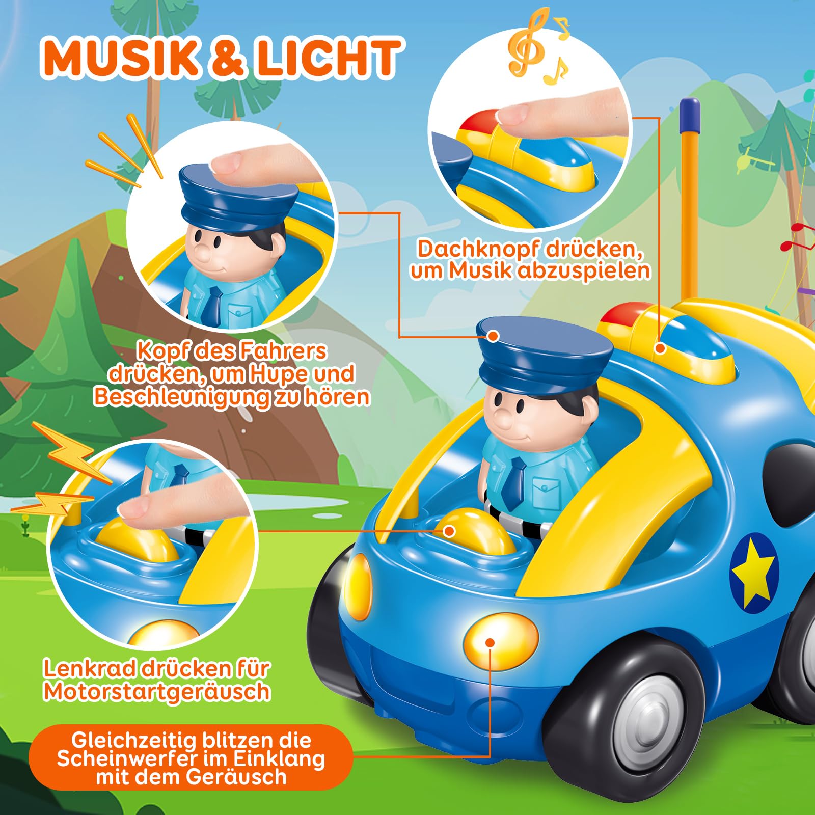 Pup Go Cartoon Polizei RC Auto für Kinder 1–3 Jahre, ferngesteuert mit Musik & Licht, einfach zu bedienen, Spielzeug Geschenk für Jungen & Kleinkinder