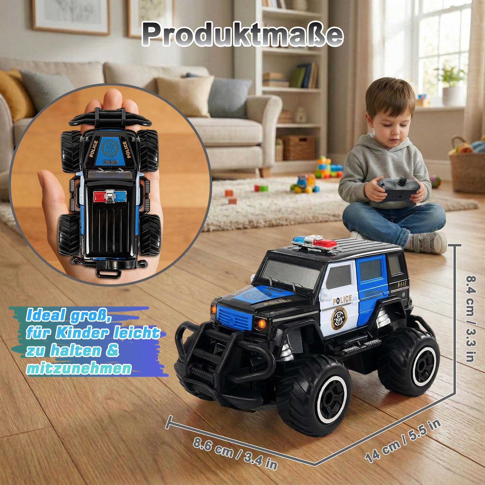 Pup Go Polizei RC Auto mit Licht, ferngesteuertes Spielzeug für Kinder 3–9 Jahre, robustes Offroad Polizeiauto, Geschenk für Jungen, Indoor & Outdoor