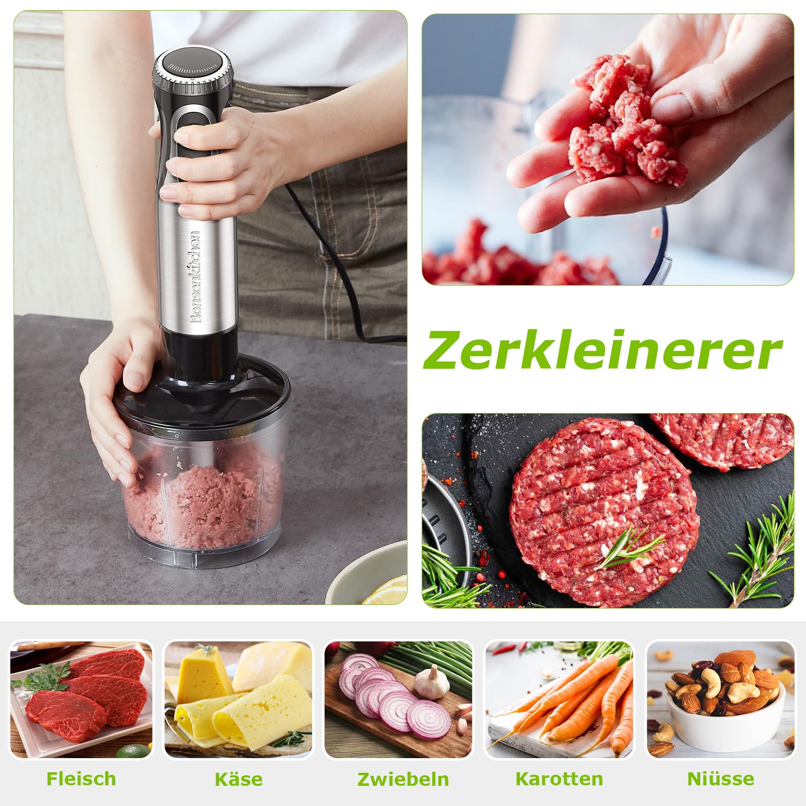 Bonsenkitchen Pürierstab, 4-en-1 Stabmixer Elektrischer, 1000W Stufenlos Geschwindigkeiten, Edelstahl, Schneebesen, 500ml Häcksler und 700ml Messbecher für Babynahrung, HB3203 (Schwarz)