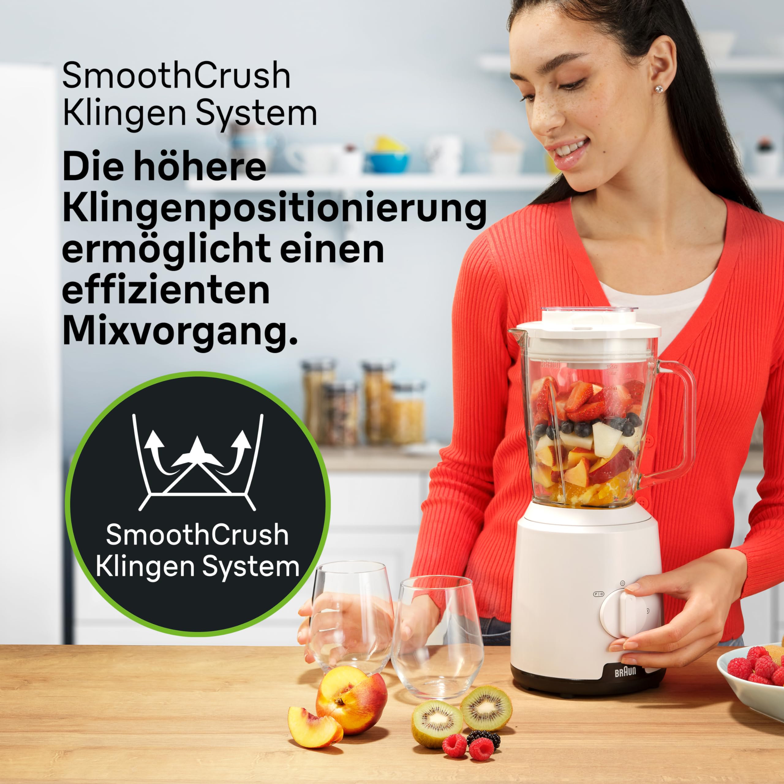 Braun PowerBlend 1 JB1050WH - Standmixer mit 1,5 l Glas-Mixaufsatz, Küchenhelfer zum Zerkleinern, Pürieren & Mixen, Ice-Crush-Funktion, 2 Geschwindigkeiten, 600 Watt, Weiß