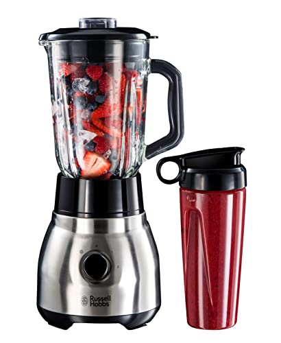 Russell Hobbs Standmixer 2-in-1 [1,5l Glasbehälter Mixer & 0,6l Mini Smoothie Maker -To-Go-Trinkflasche inkl. Deckel] Spülmaschinenfest, Impuls-/Ice-Crush Funktion, Becher BPA frei, Edelstahl 23821-56