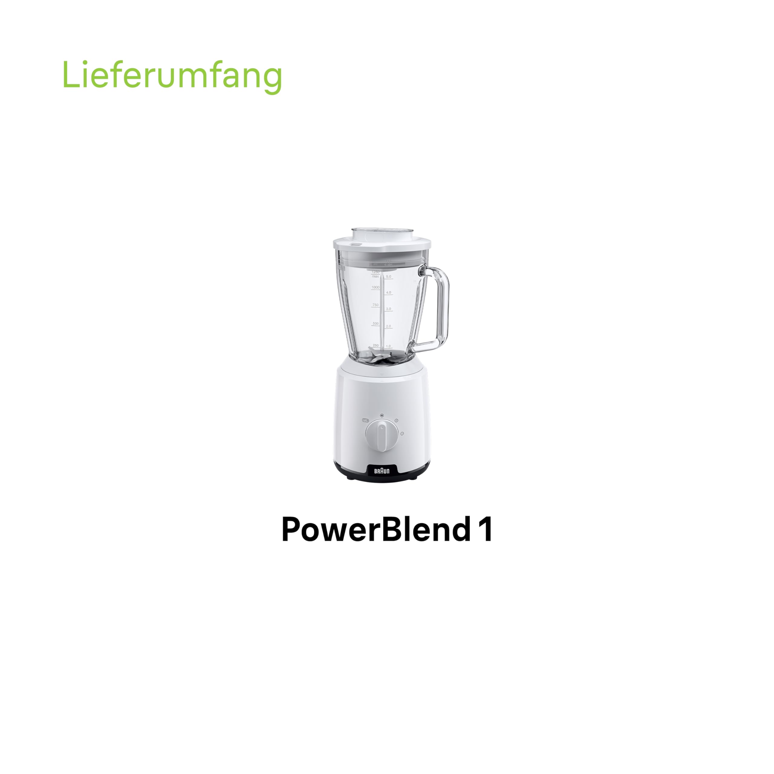 Braun PowerBlend 1 JB1050WH - Standmixer mit 1,5 l Glas-Mixaufsatz, Küchenhelfer zum Zerkleinern, Pürieren & Mixen, Ice-Crush-Funktion, 2 Geschwindigkeiten, 600 Watt, Weiß