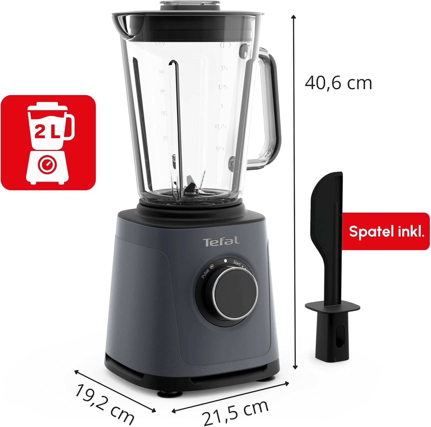 Tefal PerfectMix Essential Hochgeschwindigkeits-Standmixer, stufenlos einstellbare Geschwindigkeit, Pulsfunktion, abnehmbare Powelix-Klingen, hitzebeständiger 2 l Glasbehälter, 1200 W, Grau, BL771BF0