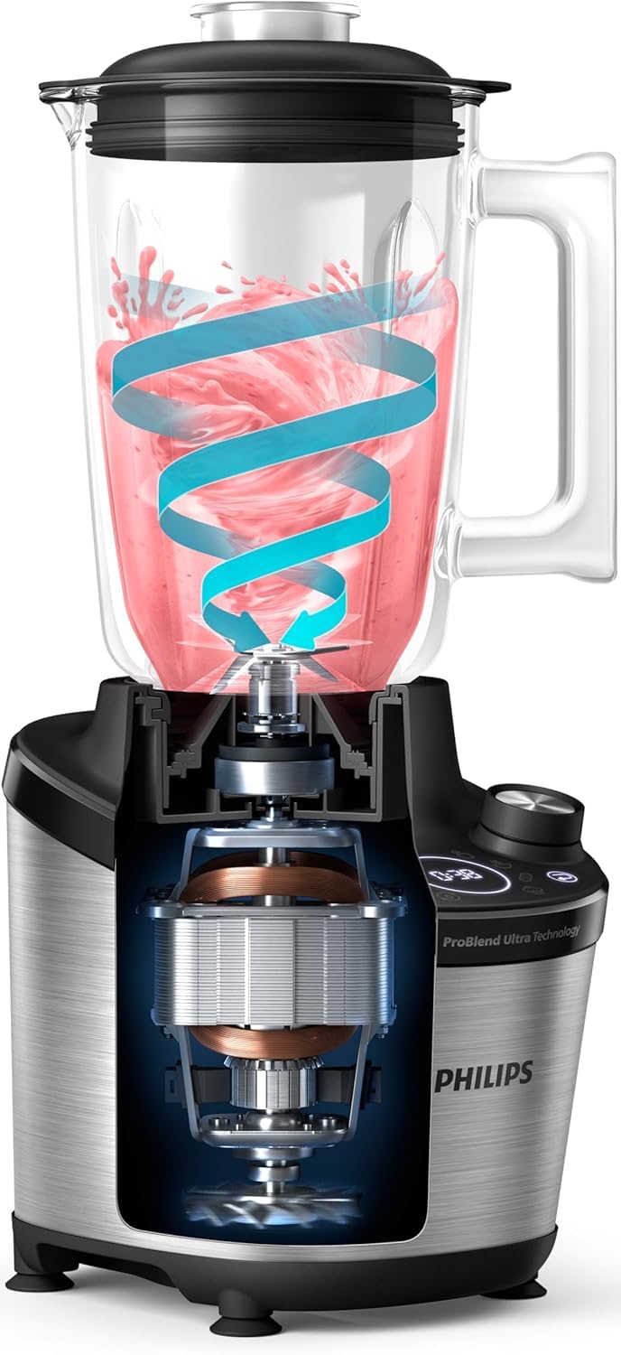 Philips 7000 Series Hochleistungsstandmixer – ProBlend Ultra Technologie, 1.500 W, 2-L-Glasbehälter, Schnellauswahlprogramme für Smoothies & Suppen, HomeID App, Spülmaschinenfeste Teile (HR3760/10)