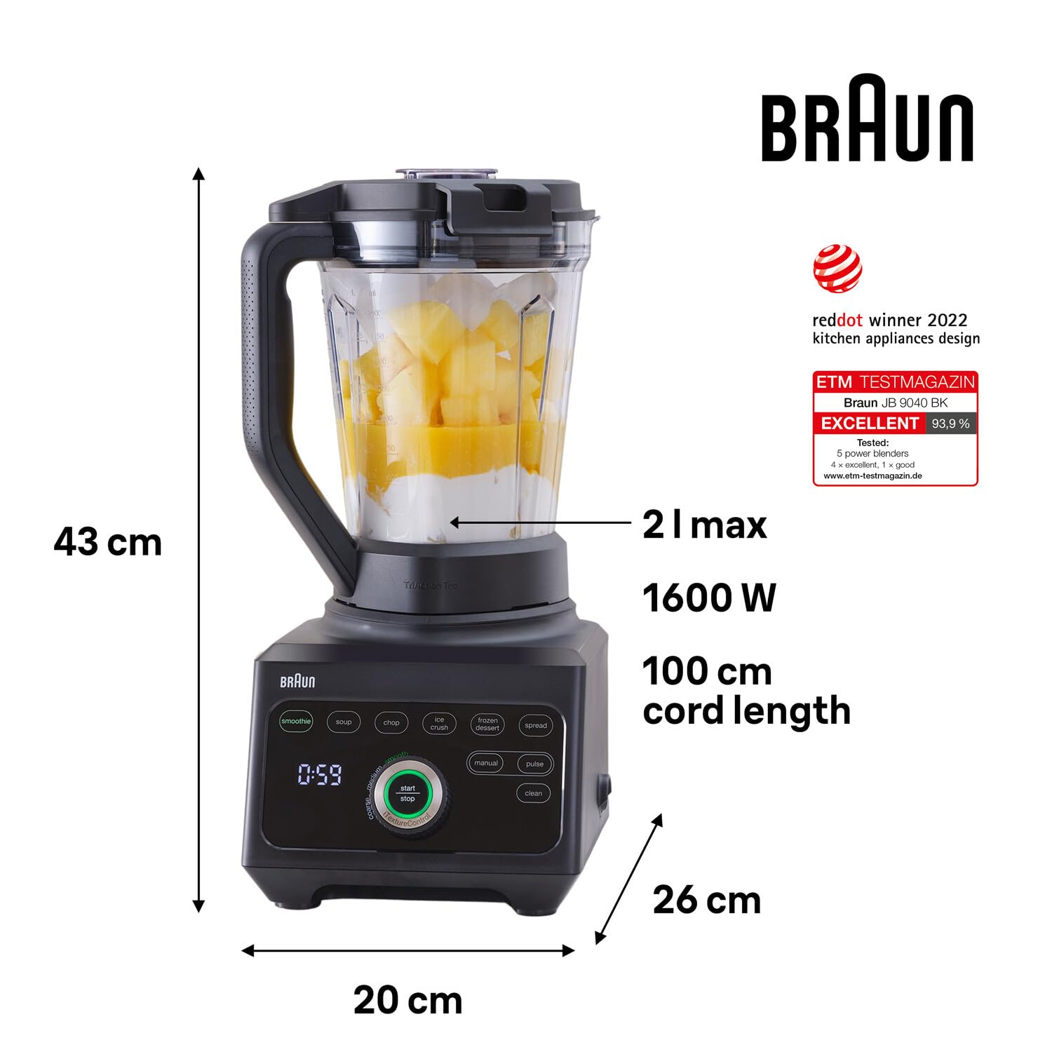 Braun PowerBlend 9 JB9040BK Hochleistungs-Standmixer mit 1600 Watt Motor, 2 l Tritan-Behälter, 18 Programme, 10 Geschwindigkeiten, Schwarz