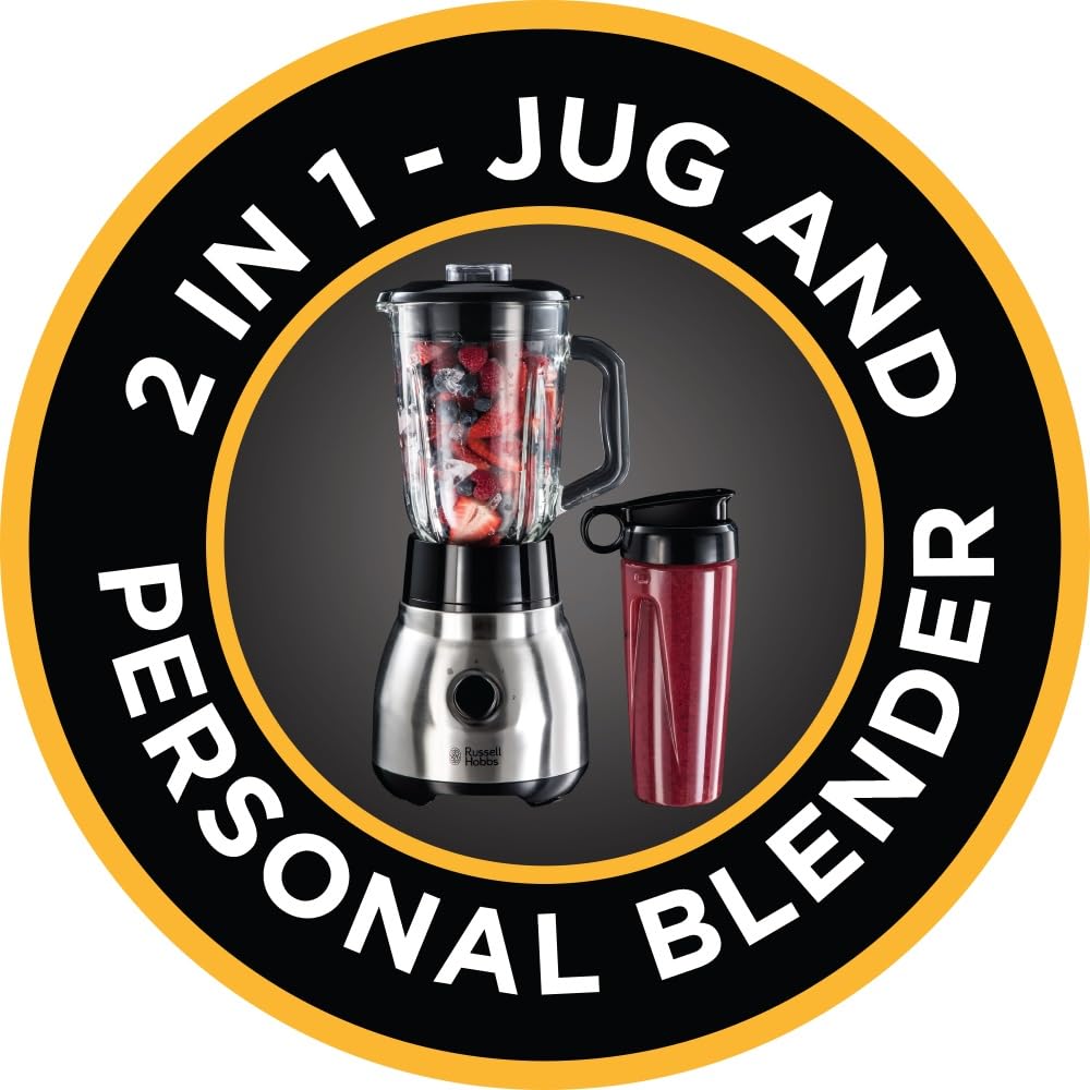 Russell Hobbs Standmixer 2-in-1 [1,5l Glasbehälter Mixer & 0,6l Mini Smoothie Maker -To-Go-Trinkflasche inkl. Deckel] Spülmaschinenfest, Impuls-/Ice-Crush Funktion, Becher BPA frei, Edelstahl 23821-56
