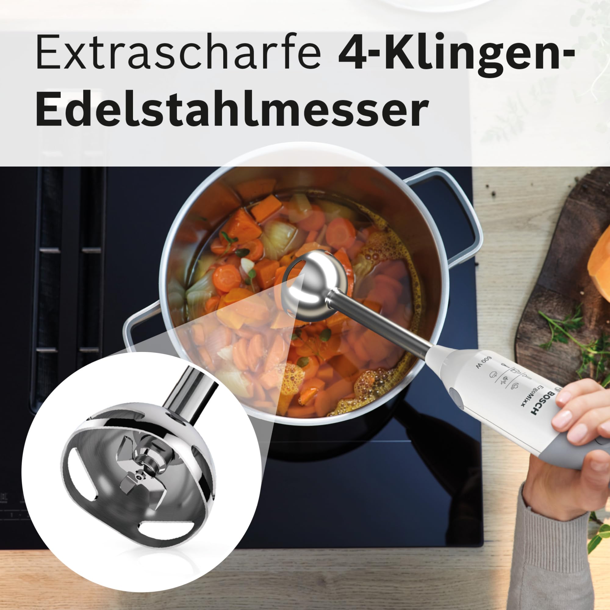 Bosch Stabmixer ErgoMixx, Edelstahl-Mixfuß, Mix- und Messbecher, 4-Klingen-Messer, Zerkleinerer, ergonomisches Design, 12 Stufen plus Turbo, 600 W, weiß/grau, MSM66120