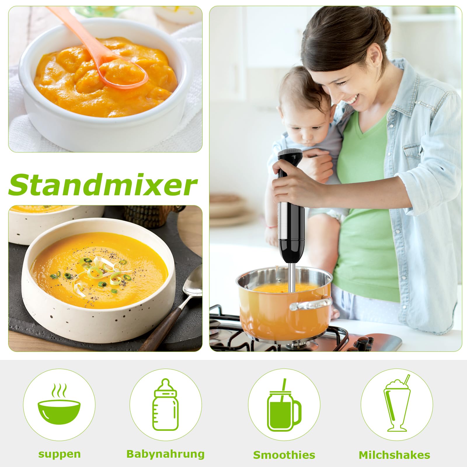 Bonsenkitchen Pürierstab, 4-en-1 Stabmixer Elektrischer, 1000W Stufenlos Geschwindigkeiten, Edelstahl, Schneebesen, 500ml Häcksler und 700ml Messbecher für Babynahrung, HB3203 (Schwarz)