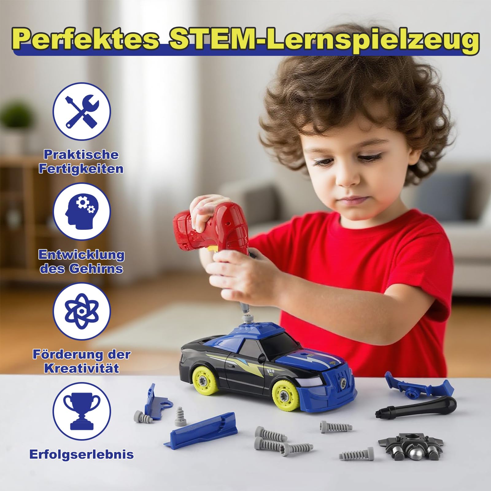 Pup Go Bau Auto zum Auseinandernehmen, Spielzeug für Kinder ab 3 Jahren, 26-teilig mit elektrischer Bohrmaschine, Lernspielzeug, Geschenk für Jungen