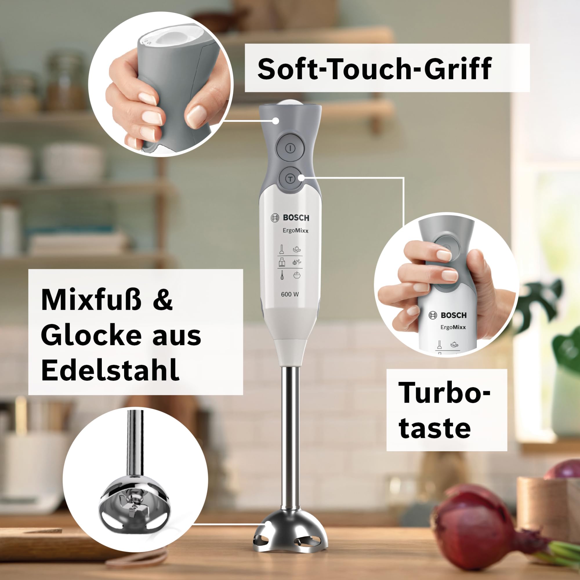 Bosch Stabmixer ErgoMixx, Edelstahl-Mixfuß, Mix- und Messbecher, 4-Klingen-Messer, Zerkleinerer, ergonomisches Design, 12 Stufen plus Turbo, 600 W, weiß/grau, MSM66120
