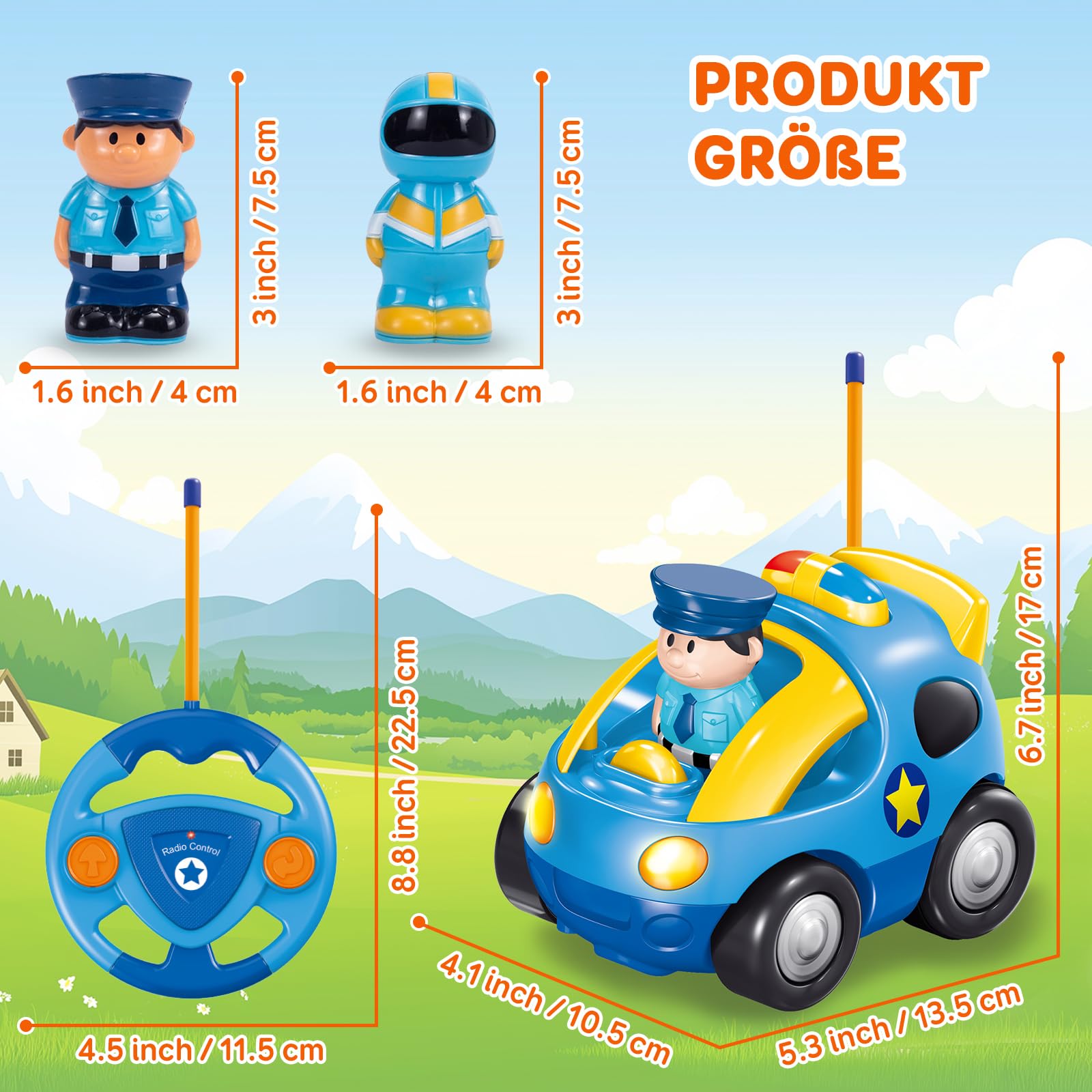 Pup Go Cartoon Polizei RC Auto für Kinder 1–3 Jahre, ferngesteuert mit Musik & Licht, einfach zu bedienen, Spielzeug Geschenk für Jungen & Kleinkinder