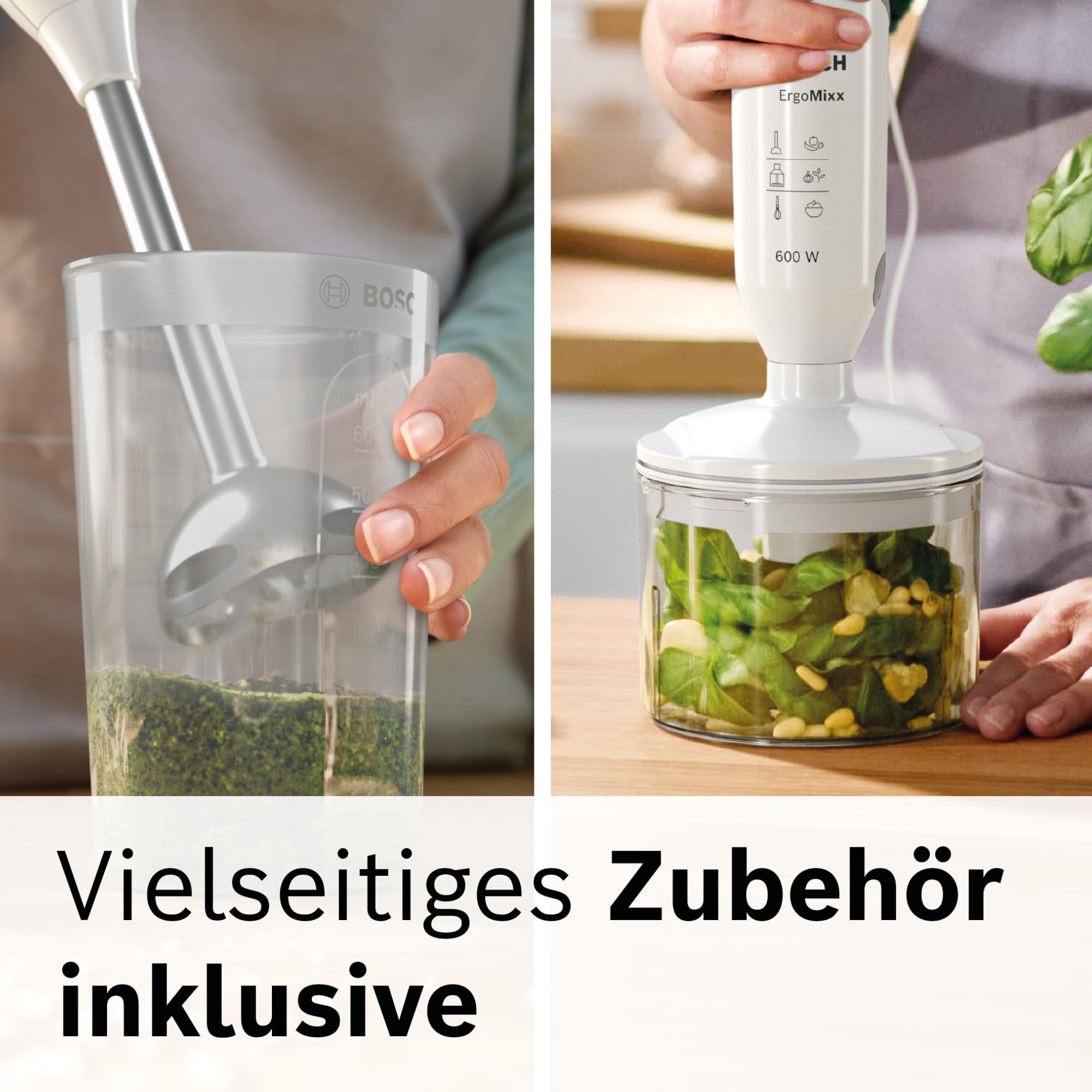 Bosch Stabmixer ErgoMixx, Edelstahl-Mixfuß, Mix- und Messbecher, 4-Klingen-Messer, Zerkleinerer, ergonomisches Design, 12 Stufen plus Turbo, 600 W, weiß/grau, MSM66120