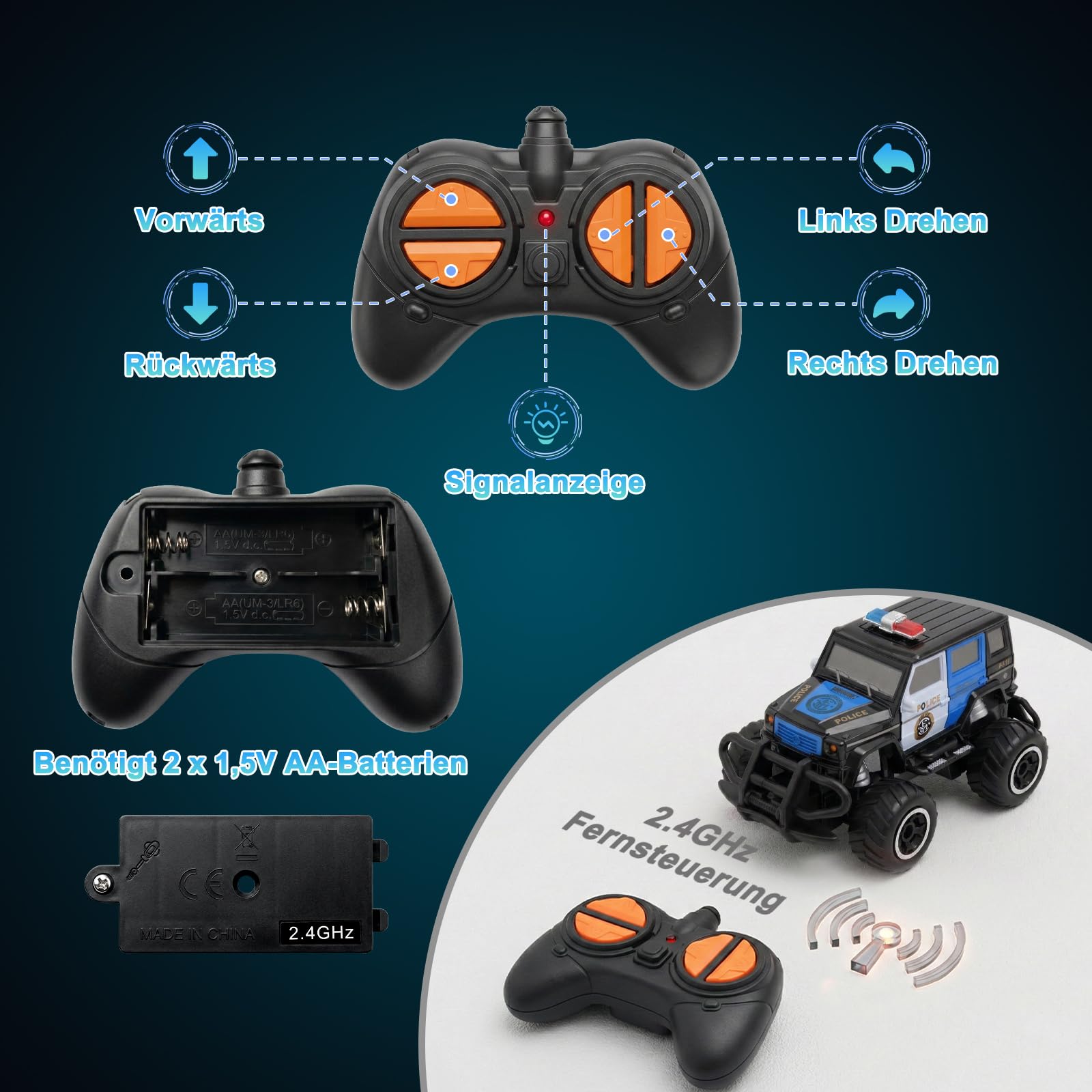 Pup Go Polizei RC Auto mit Licht, ferngesteuertes Spielzeug für Kinder 3–9 Jahre, robustes Offroad Polizeiauto, Geschenk für Jungen, Indoor & Outdoor