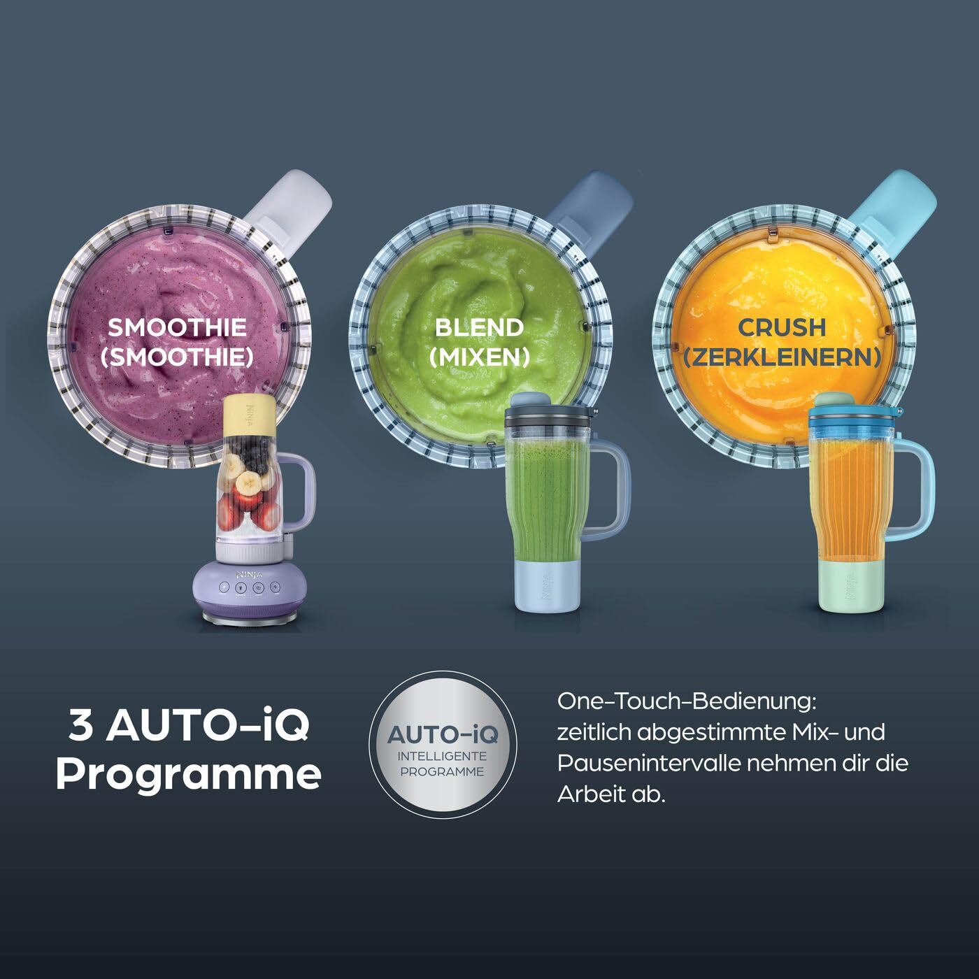 Ninja BlendBoss Mixer mit tragbarem Becher, Mixgerät mit abnehmbarem Reisebecher, 3 voreingestellte Auto-Modi, Stein DB351EUST