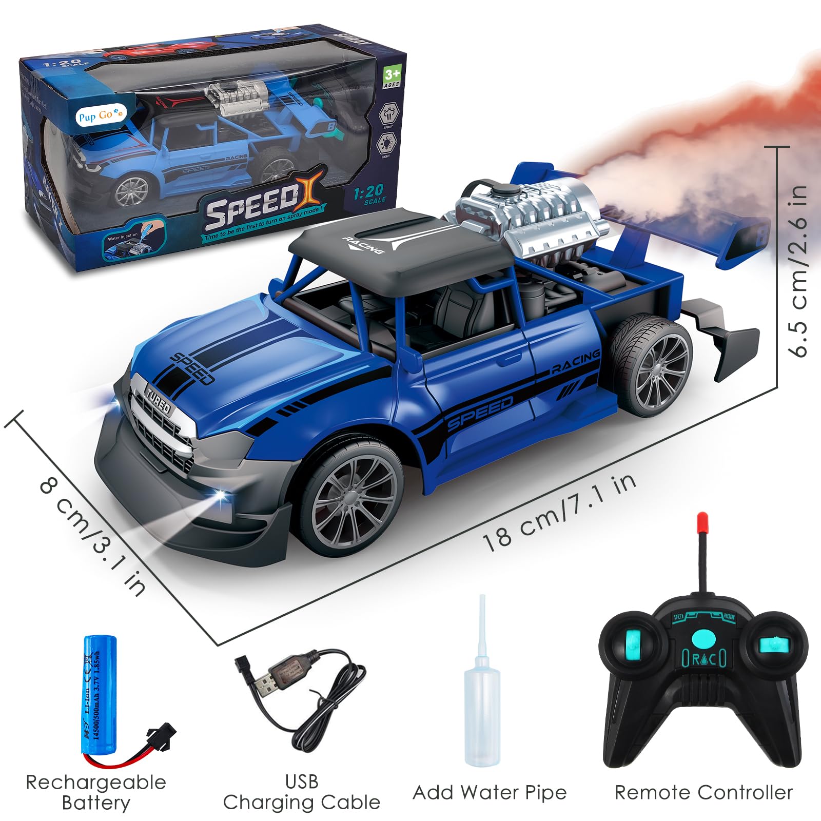 Pup Go RC Stunt Auto 1:20 mit Rauch & Licht, ferngesteuertes Auto für Kinder 3–12 Jahre, Drift RC Auto, robust, Geschenk für Jungen & Mädchen, Blau
