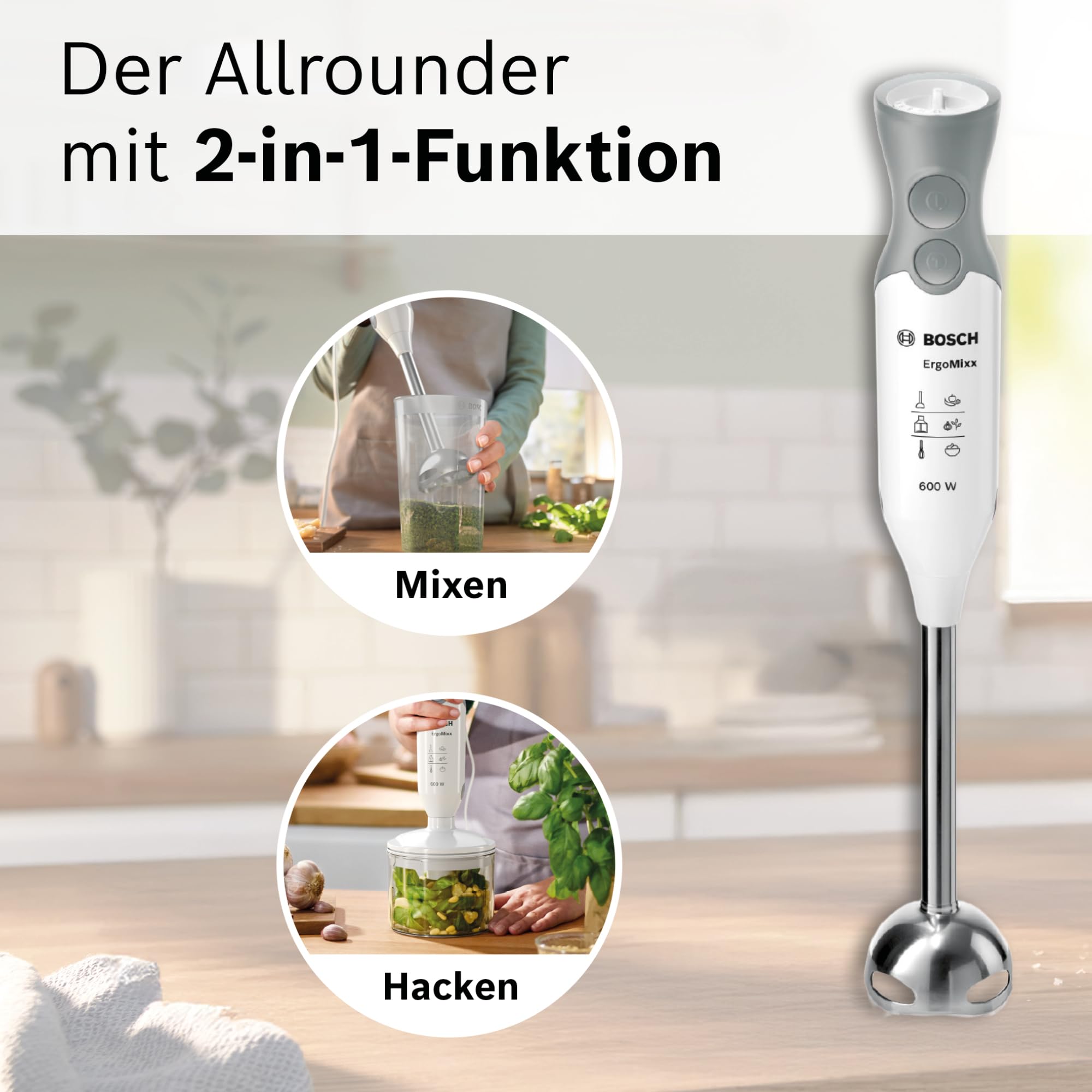 Bosch Stabmixer ErgoMixx, Edelstahl-Mixfuß, Mix- und Messbecher, 4-Klingen-Messer, Zerkleinerer, ergonomisches Design, 12 Stufen plus Turbo, 600 W, weiß/grau, MSM66120