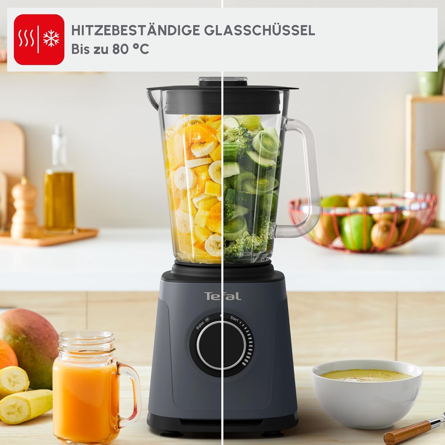Tefal PerfectMix Essential Hochgeschwindigkeits-Standmixer, stufenlos einstellbare Geschwindigkeit, Pulsfunktion, abnehmbare Powelix-Klingen, hitzebeständiger 2 l Glasbehälter, 1200 W, Grau, BL771BF0