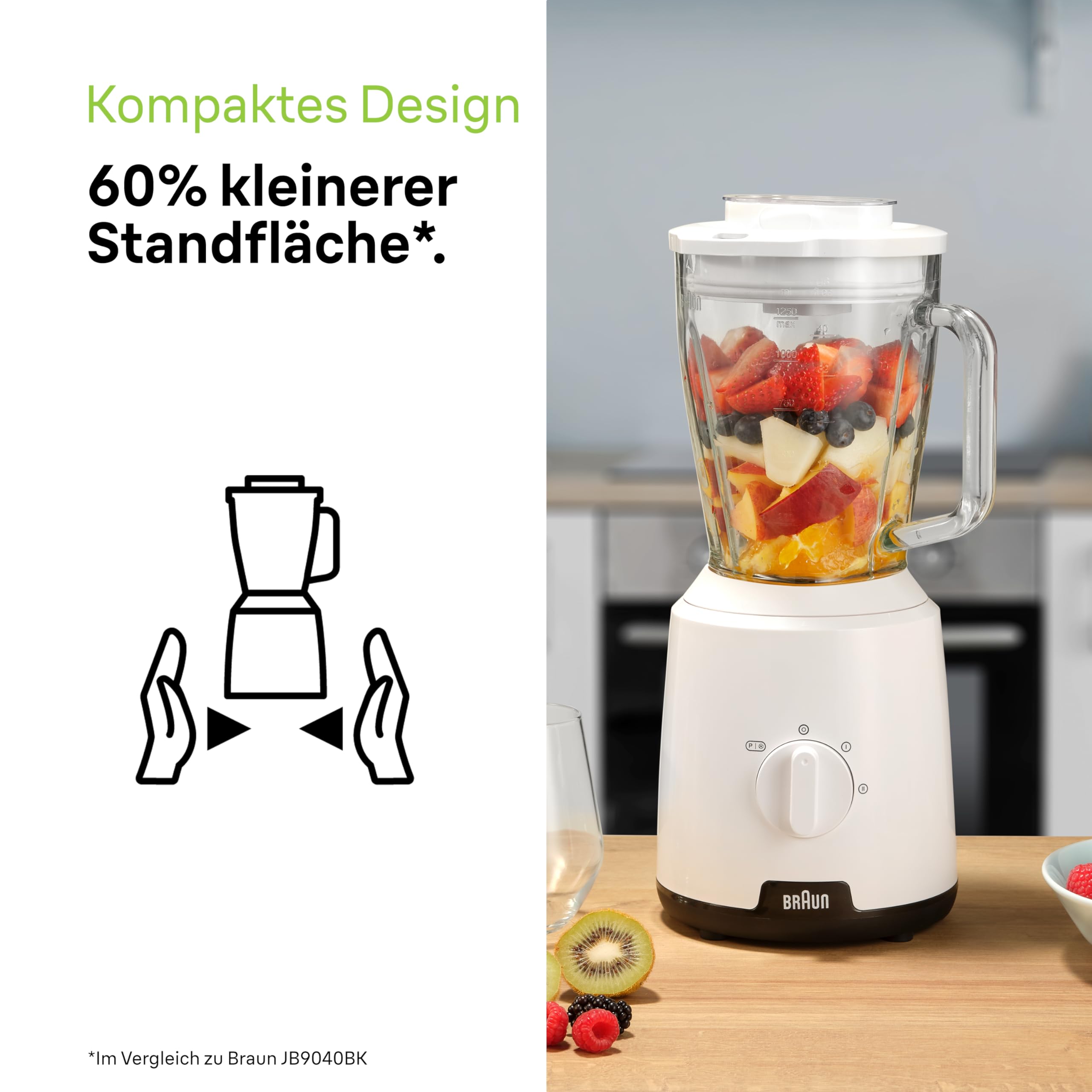 Braun PowerBlend 1 JB1050WH - Standmixer mit 1,5 l Glas-Mixaufsatz, Küchenhelfer zum Zerkleinern, Pürieren & Mixen, Ice-Crush-Funktion, 2 Geschwindigkeiten, 600 Watt, Weiß