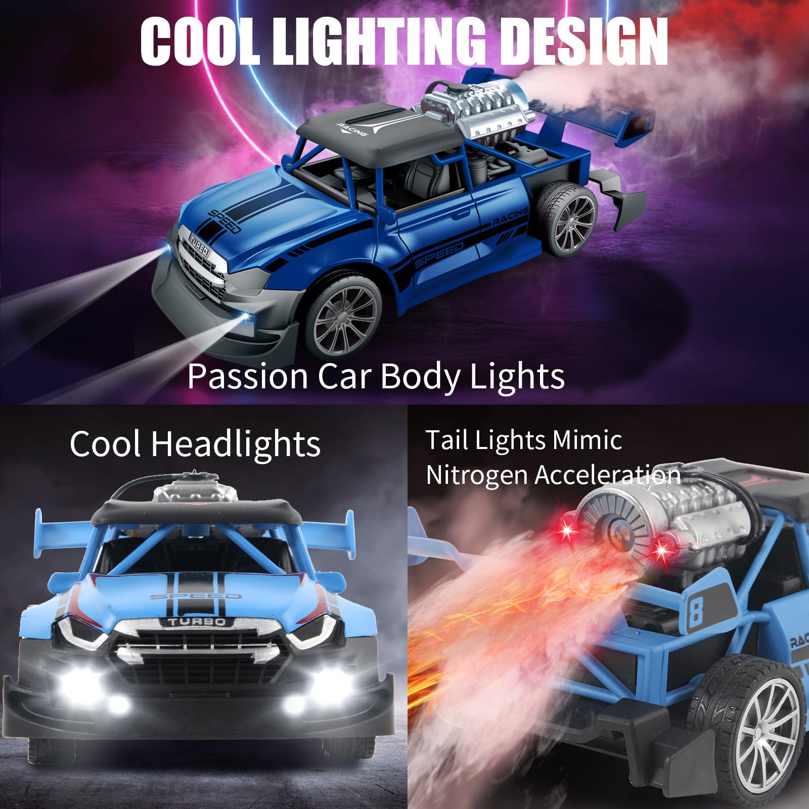 Pup Go RC Stunt Auto 1:20 mit Rauch & Licht, ferngesteuertes Auto für Kinder 3–12 Jahre, Drift RC Auto, robust, Geschenk für Jungen & Mädchen, Blau