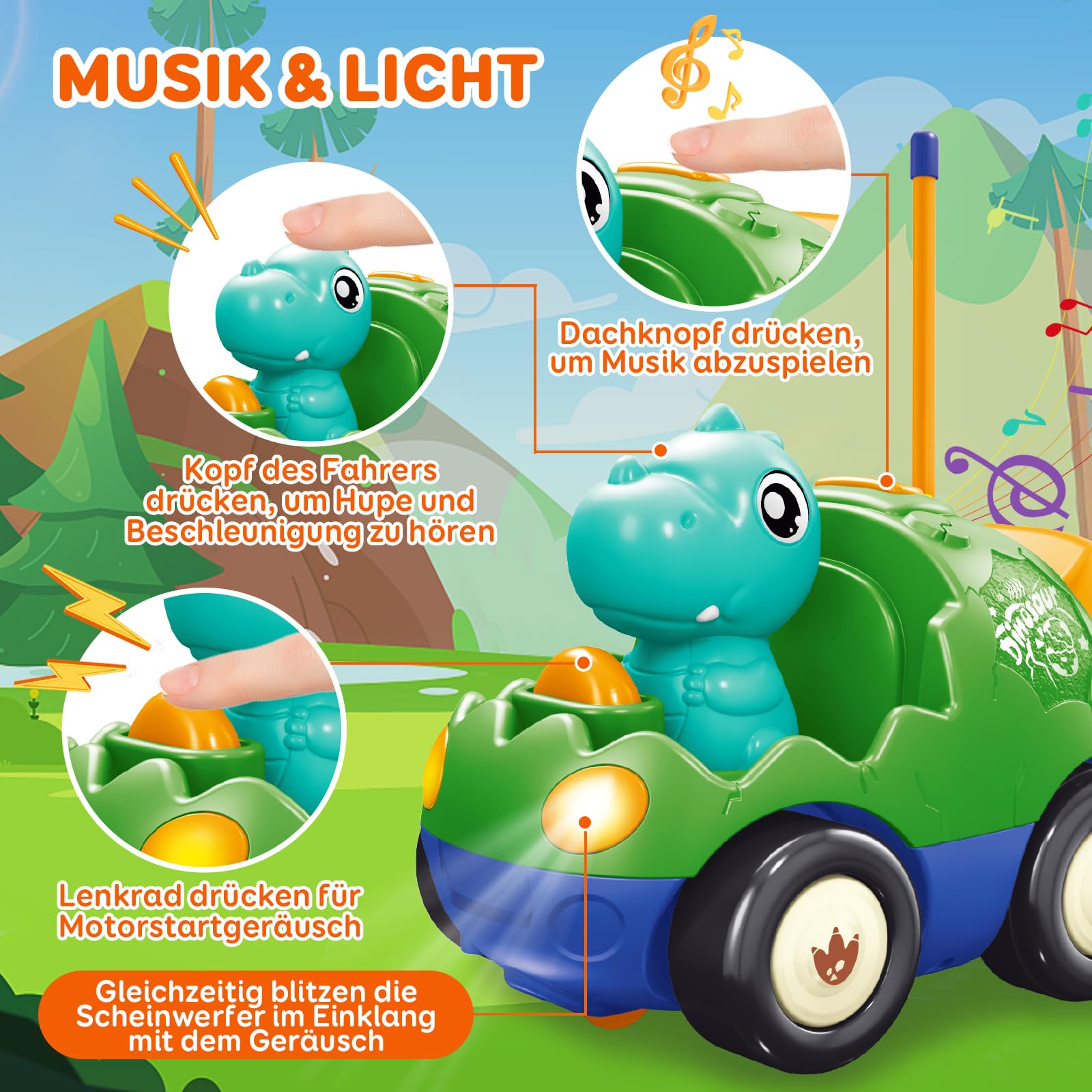 Pup Go Dinosaurier RC Auto für Kinder 1–3 Jahre, ferngesteuert mit Musik & Licht, inkl. 2 Figuren, erstes RC Spielzeug für Kleinkinder, Geschenkidee