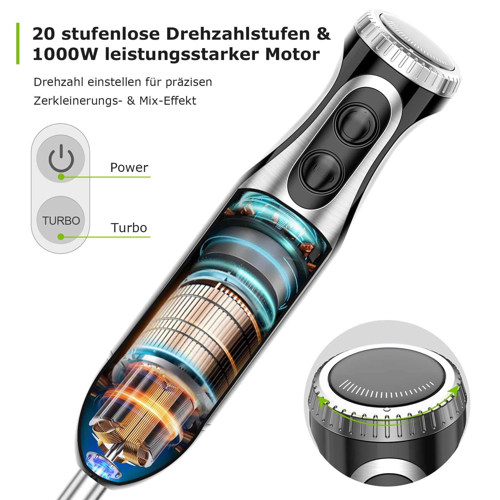 Bonsenkitchen Pürierstab, 4-en-1 Stabmixer Elektrischer, 1000W Stufenlos Geschwindigkeiten, Edelstahl, Schneebesen, 500ml Häcksler und 700ml Messbecher für Babynahrung, HB3203 (Schwarz)