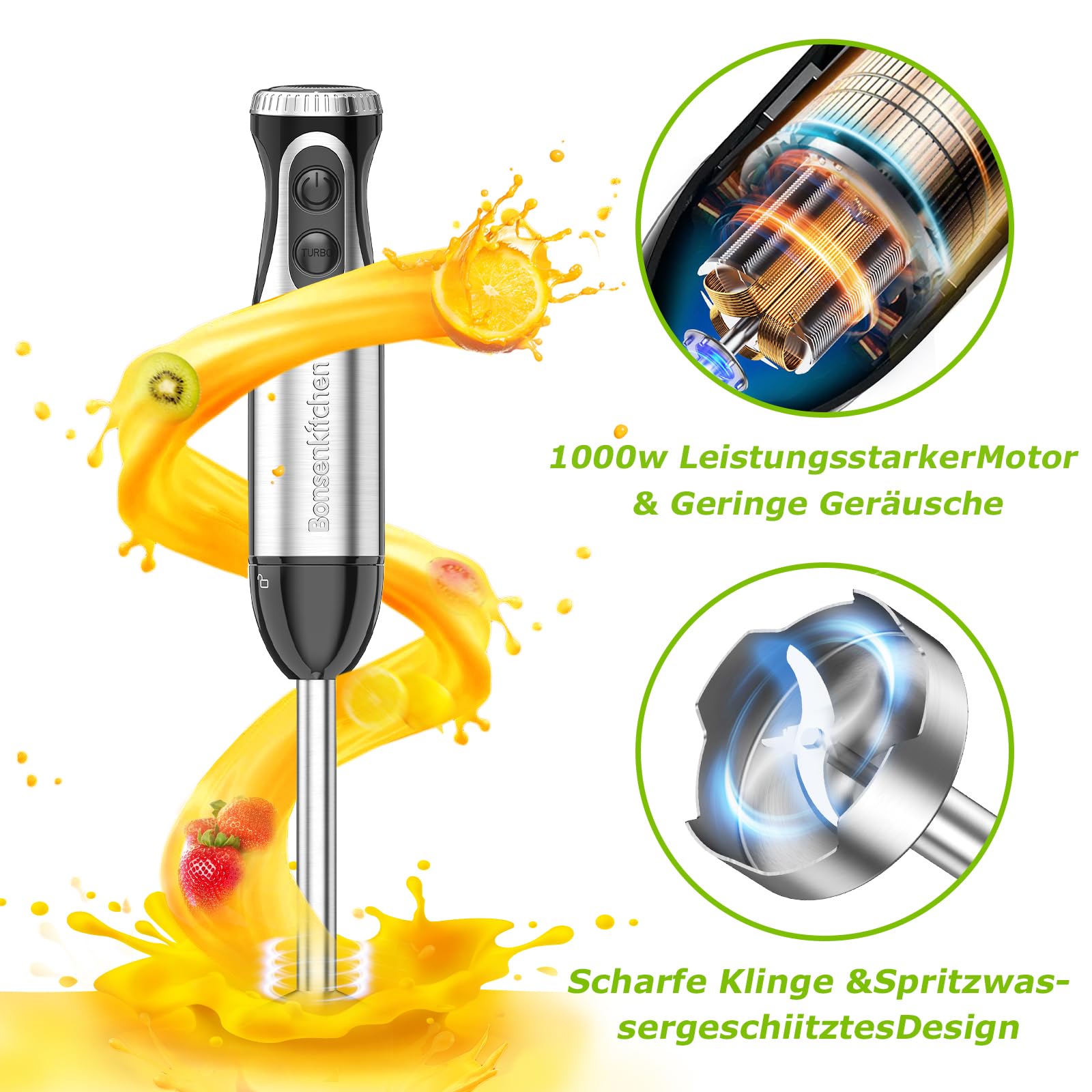 Bonsenkitchen Pürierstab, 4-en-1 Stabmixer Elektrischer, 1000W Stufenlos Geschwindigkeiten, Edelstahl, Schneebesen, 500ml Häcksler und 700ml Messbecher für Babynahrung, HB3203 (Schwarz)