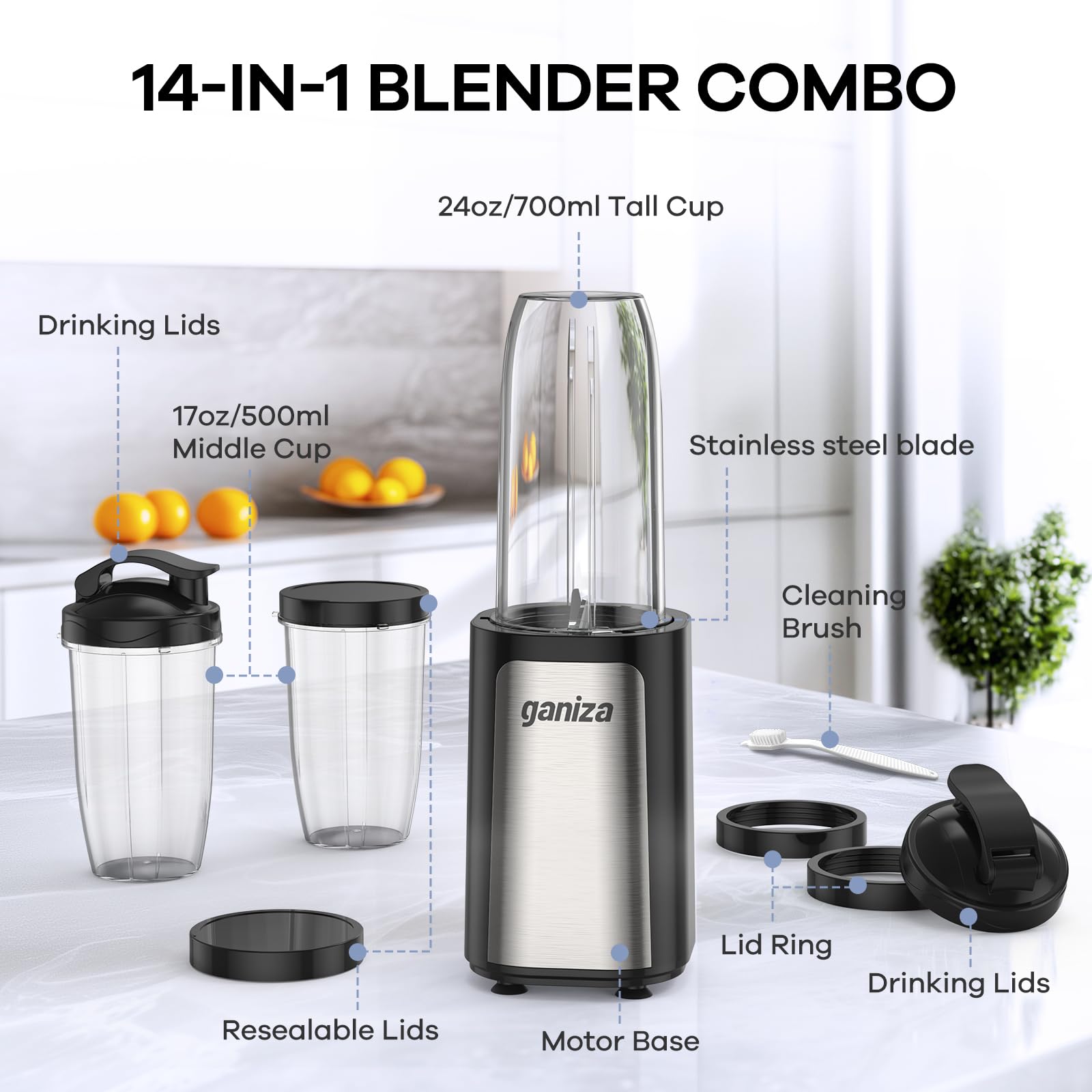 Ganiza Mixer, 900W Mini Smoothie Maker, Standmixer mit 3 Tragbare Mixbechern(2×500ml & 1×700ml), Vierklingenklinge aus Edelstahl, BPA-Frei, Leicht zu Reinigen, Blender elektrisch für Shake, Smoothie