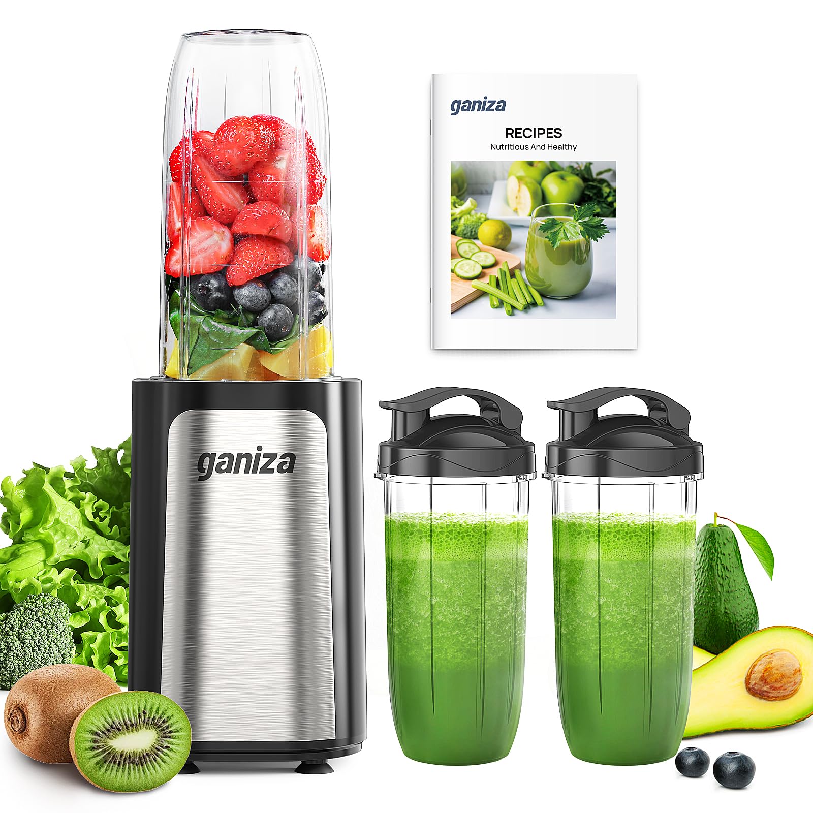 Ganiza Mixer, 900W Mini Smoothie Maker, Standmixer mit 3 Tragbare Mixbechern(2×500ml & 1×700ml), Vierklingenklinge aus Edelstahl, BPA-Frei, Leicht zu Reinigen, Blender elektrisch für Shake, Smoothie