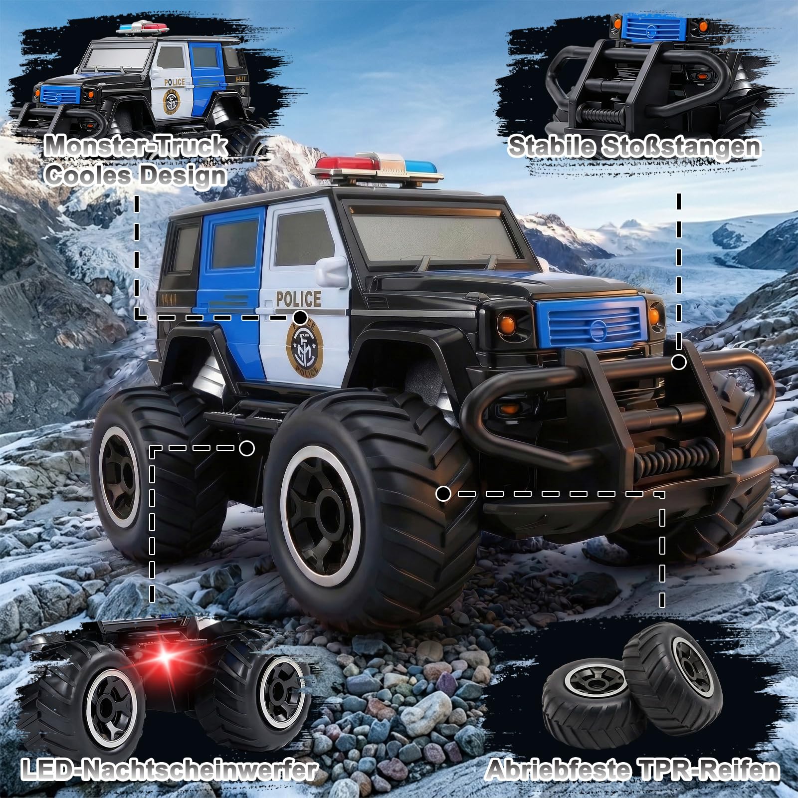 Pup Go Polizei RC Auto mit Licht, ferngesteuertes Spielzeug für Kinder 3–9 Jahre, robustes Offroad Polizeiauto, Geschenk für Jungen, Indoor & Outdoor