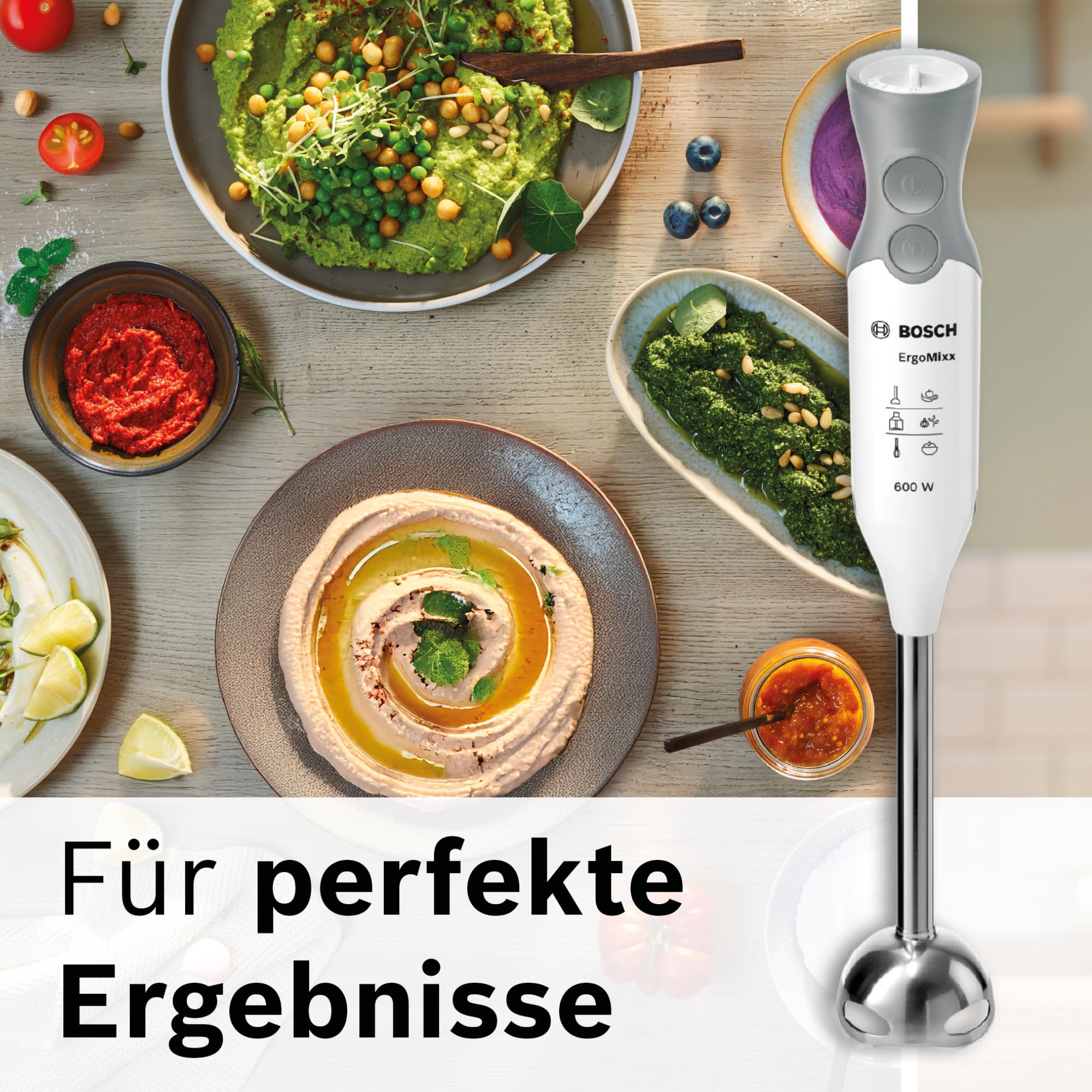 Bosch Stabmixer ErgoMixx, Edelstahl-Mixfuß, Mix- und Messbecher, 4-Klingen-Messer, Zerkleinerer, ergonomisches Design, 12 Stufen plus Turbo, 600 W, weiß/grau, MSM66120