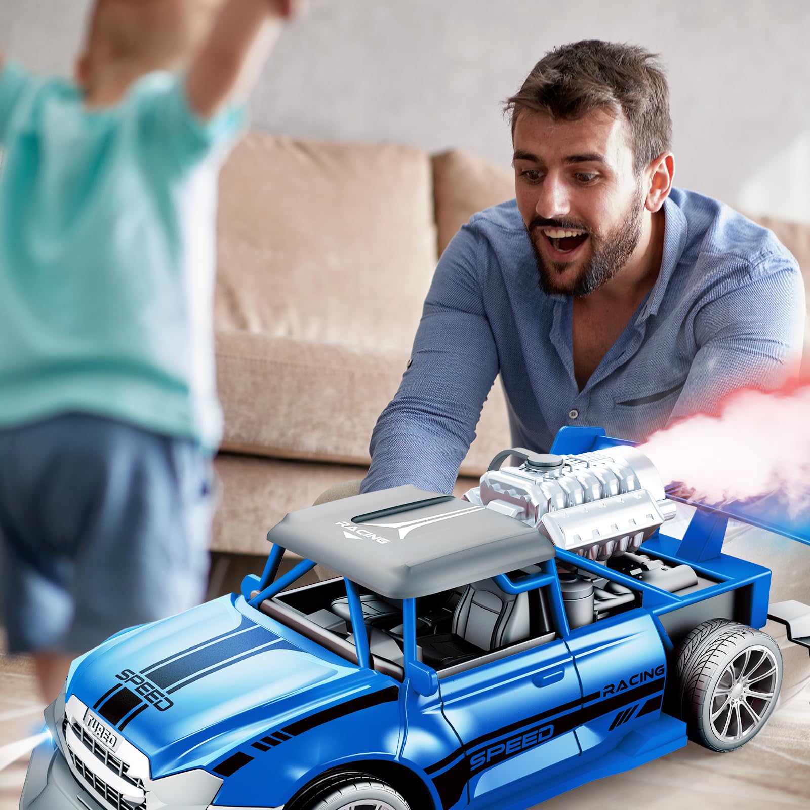 Pup Go RC Stunt Auto 1:20 mit Rauch & Licht, ferngesteuertes Auto für Kinder 3–12 Jahre, Drift RC Auto, robust, Geschenk für Jungen & Mädchen, Blau