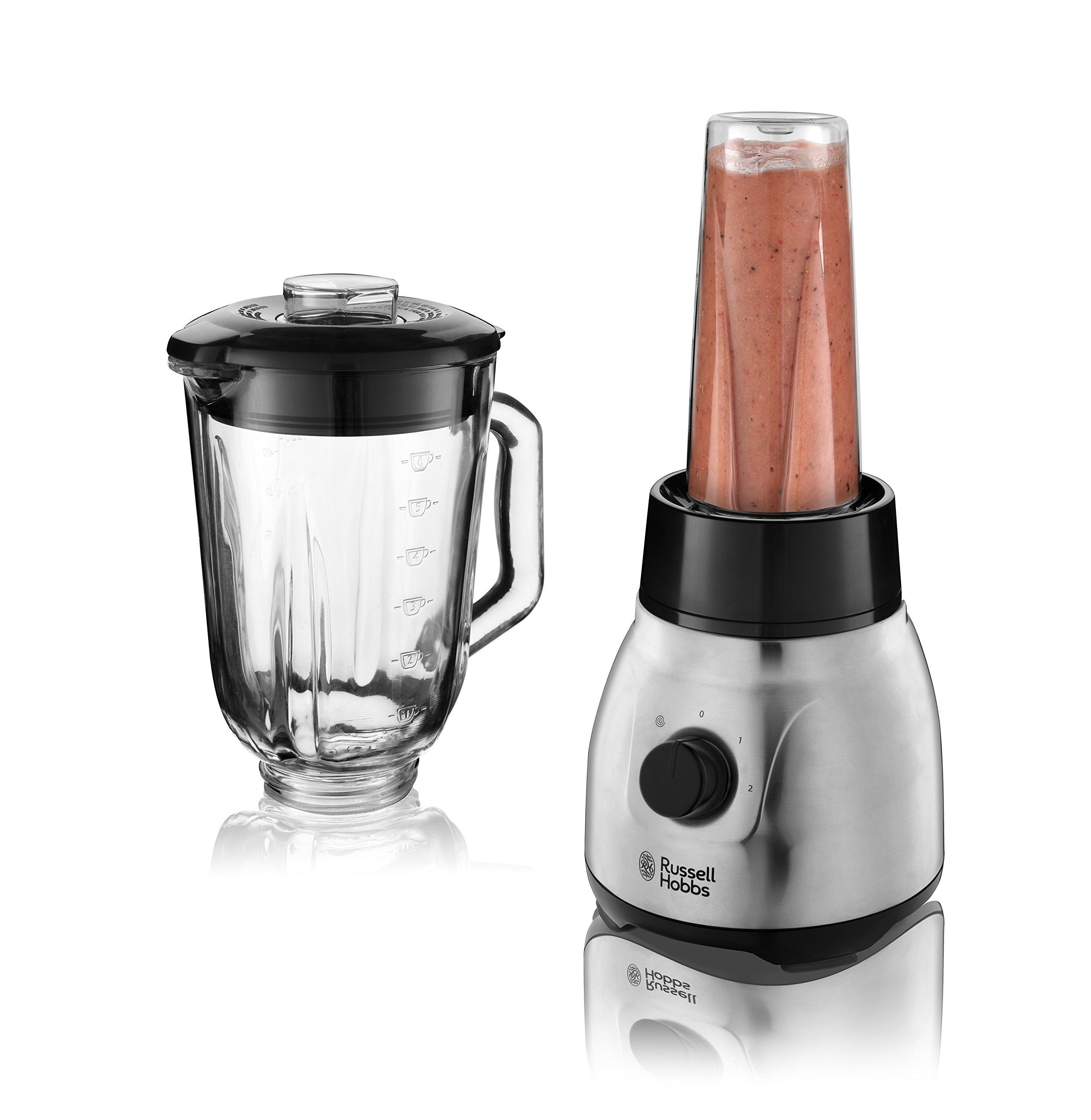 Russell Hobbs Standmixer 2-in-1 [1,5l Glasbehälter Mixer & 0,6l Mini Smoothie Maker -To-Go-Trinkflasche inkl. Deckel] Spülmaschinenfest, Impuls-/Ice-Crush Funktion, Becher BPA frei, Edelstahl 23821-56