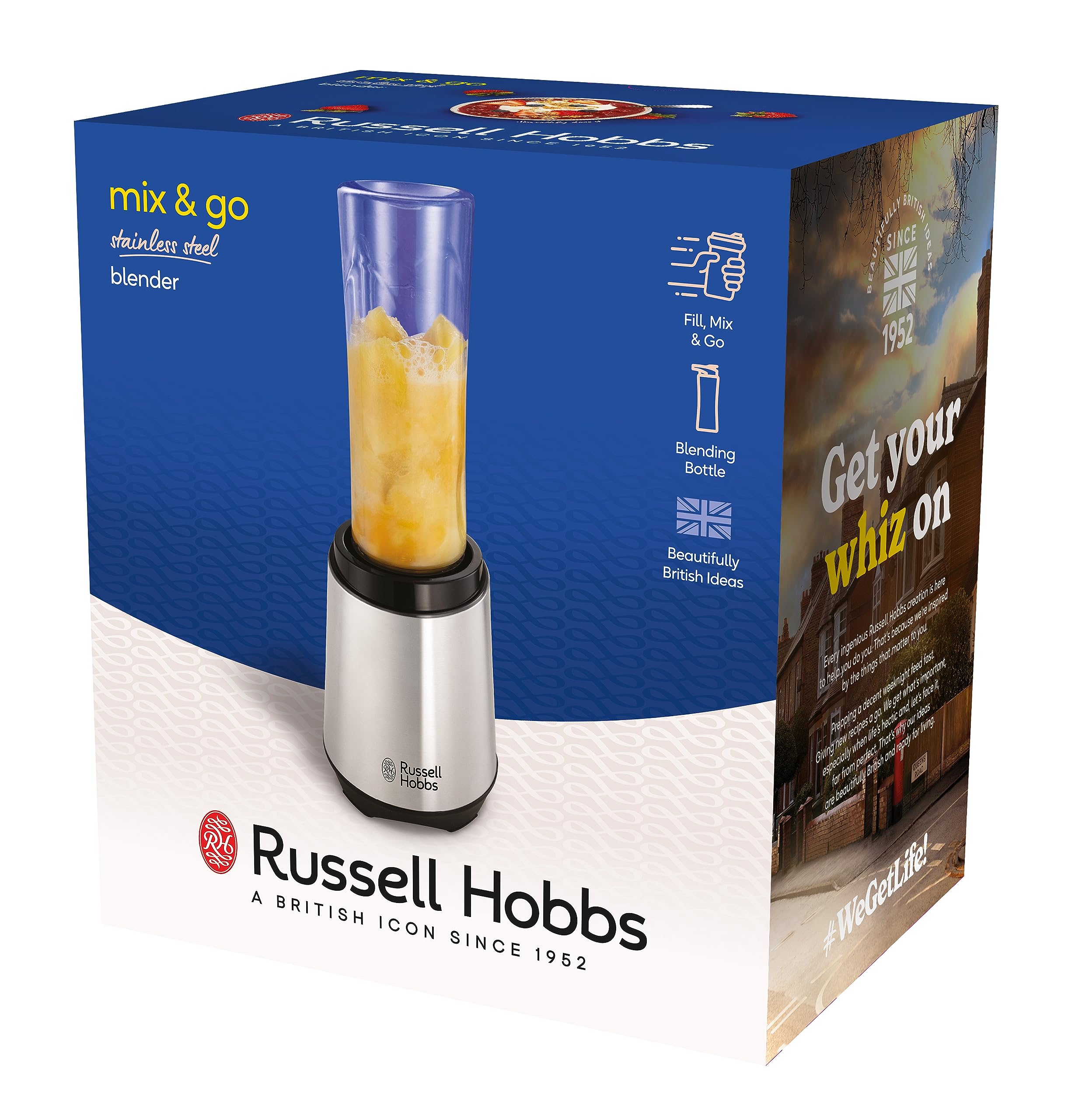 Russell Hobbs Mixer - Standmixer & Smoothie Maker to go [23.500 U/min Power-Motor] inkl. 1x Mixbehälter 600ml (BPA-frei, spülmaschinen- & bruchfest inkl. Deckel) Zerkleinerer, Edelstahl, 23472-56